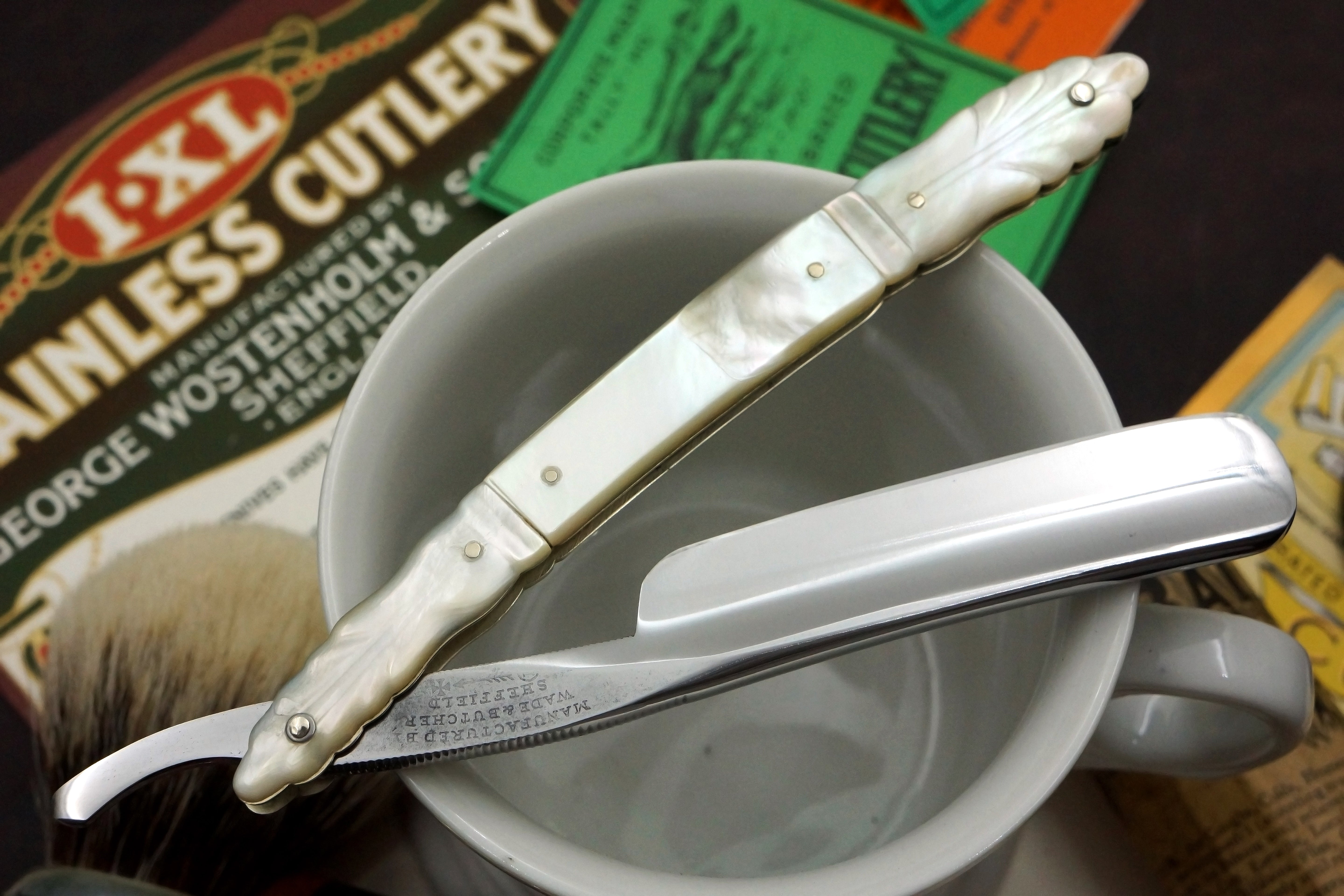 Wade & Butcher 6/8 Blade with Mother of Pearl Scales Sheffield Straight Razor - Shave Ready