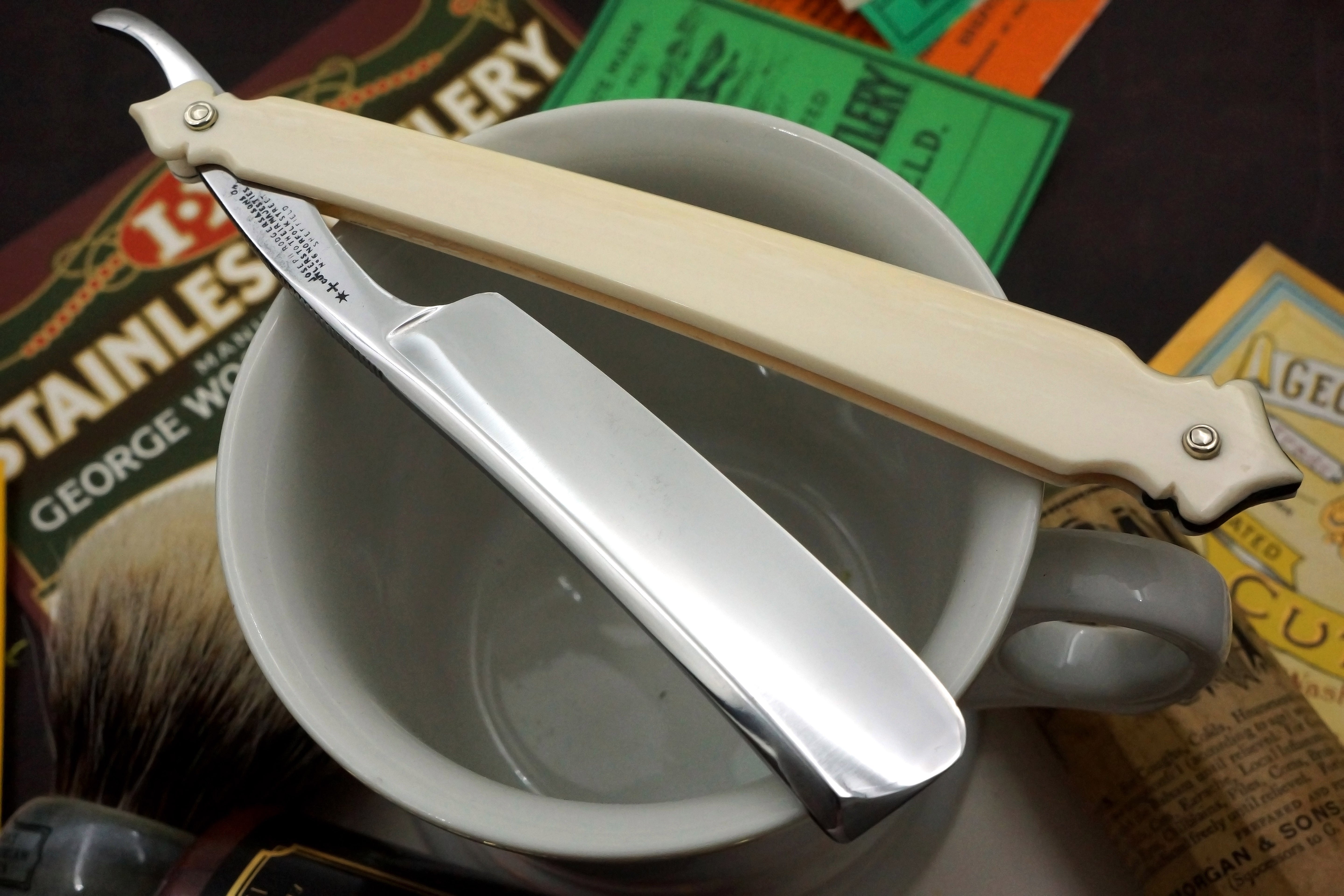 Joseph Rodgers & Sons 6/8 Blade with Carved Mammoth Ivory Scales Sheffield Straight Razor - Shave Ready