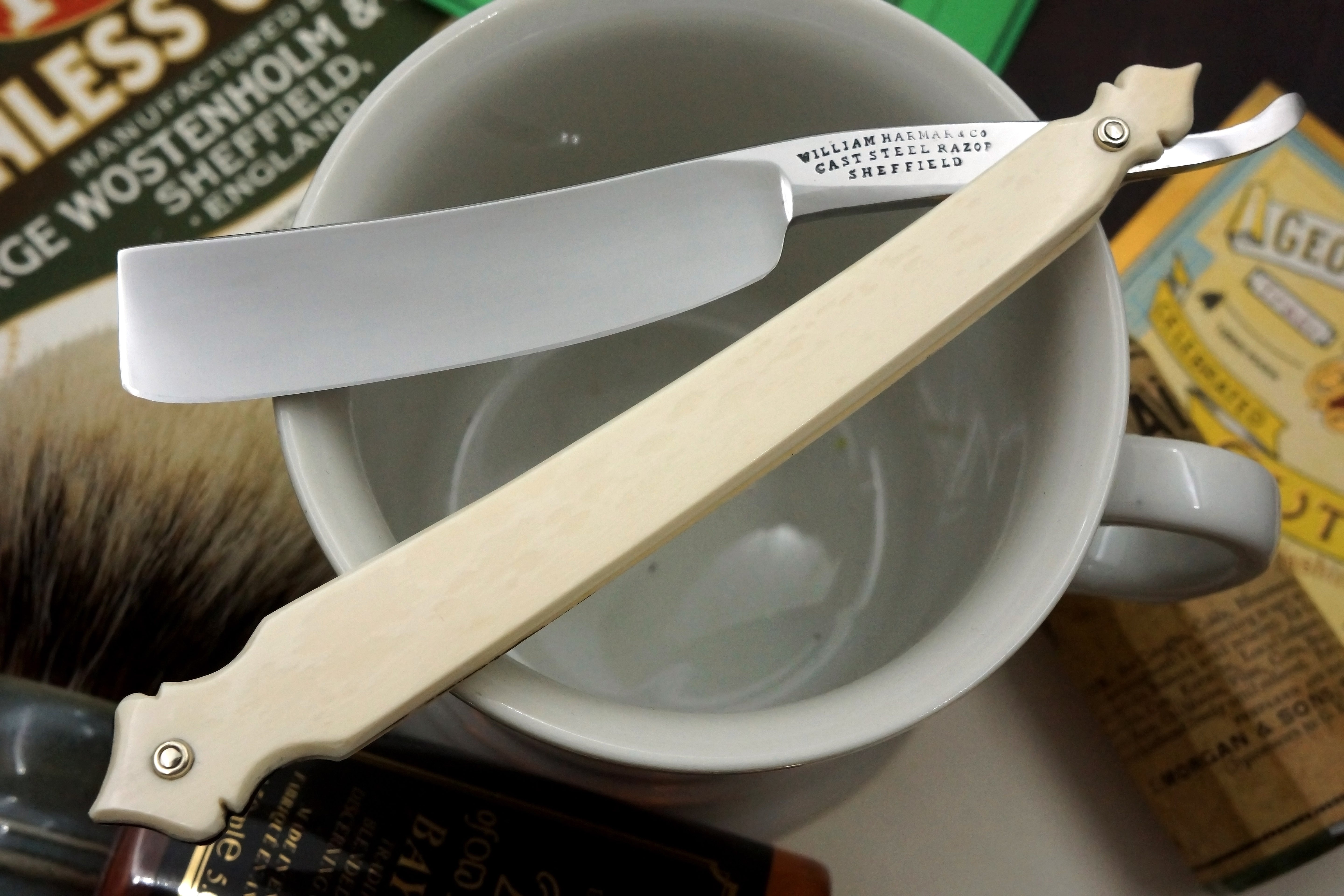 William Harmar & Co. 6/8 Blade with Carved Mammoth Ivory Scales Sheffield Straight Razor - Shave Ready