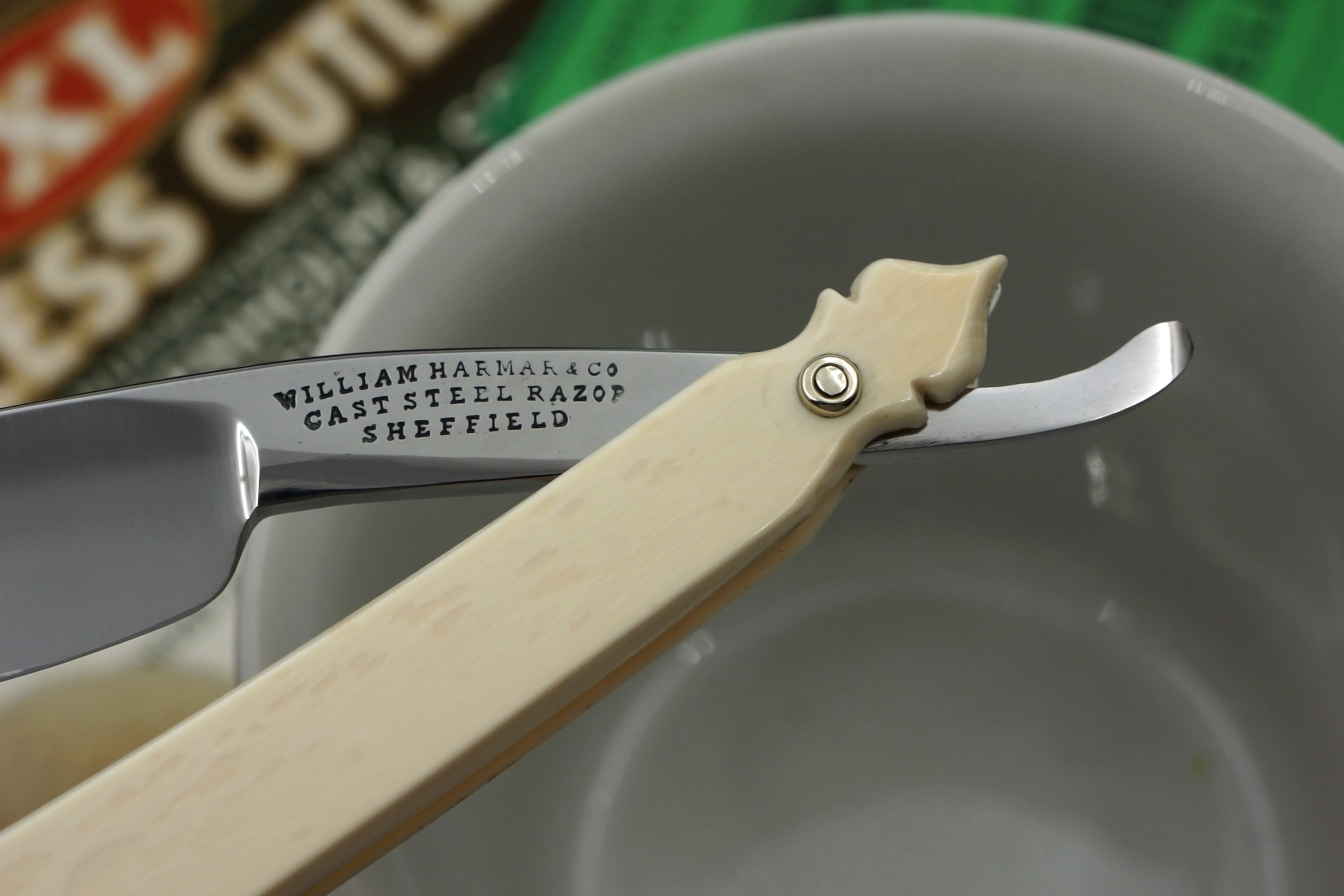 William Harmar & Co. 6/8 Blade with Carved Mammoth Ivory Scales Sheffield Straight Razor - Shave Ready