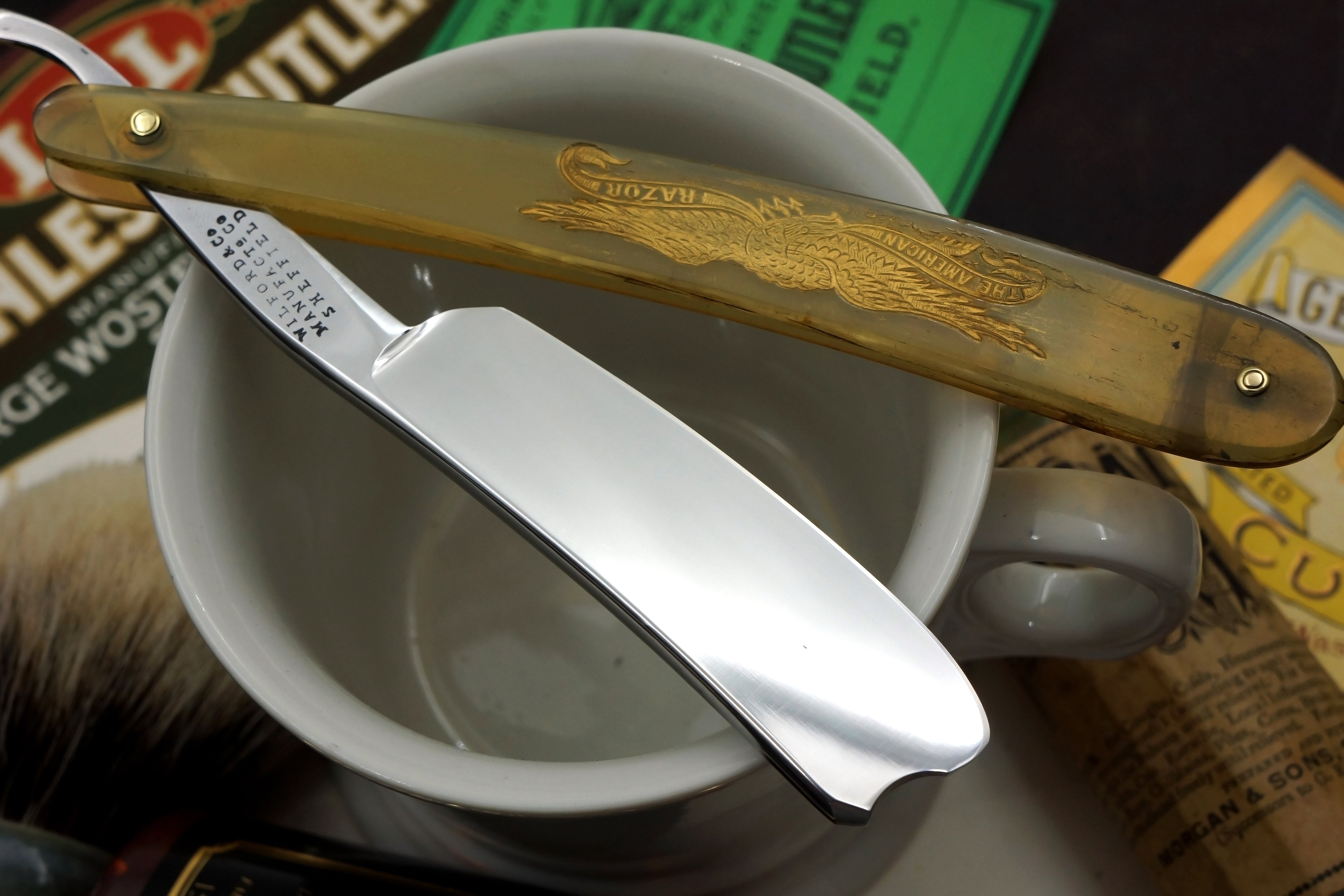 Wilford & Co. - 7/8 Vintage Sheffield Straight Razor with Patriotic Eagle Original Scales - Shave Ready