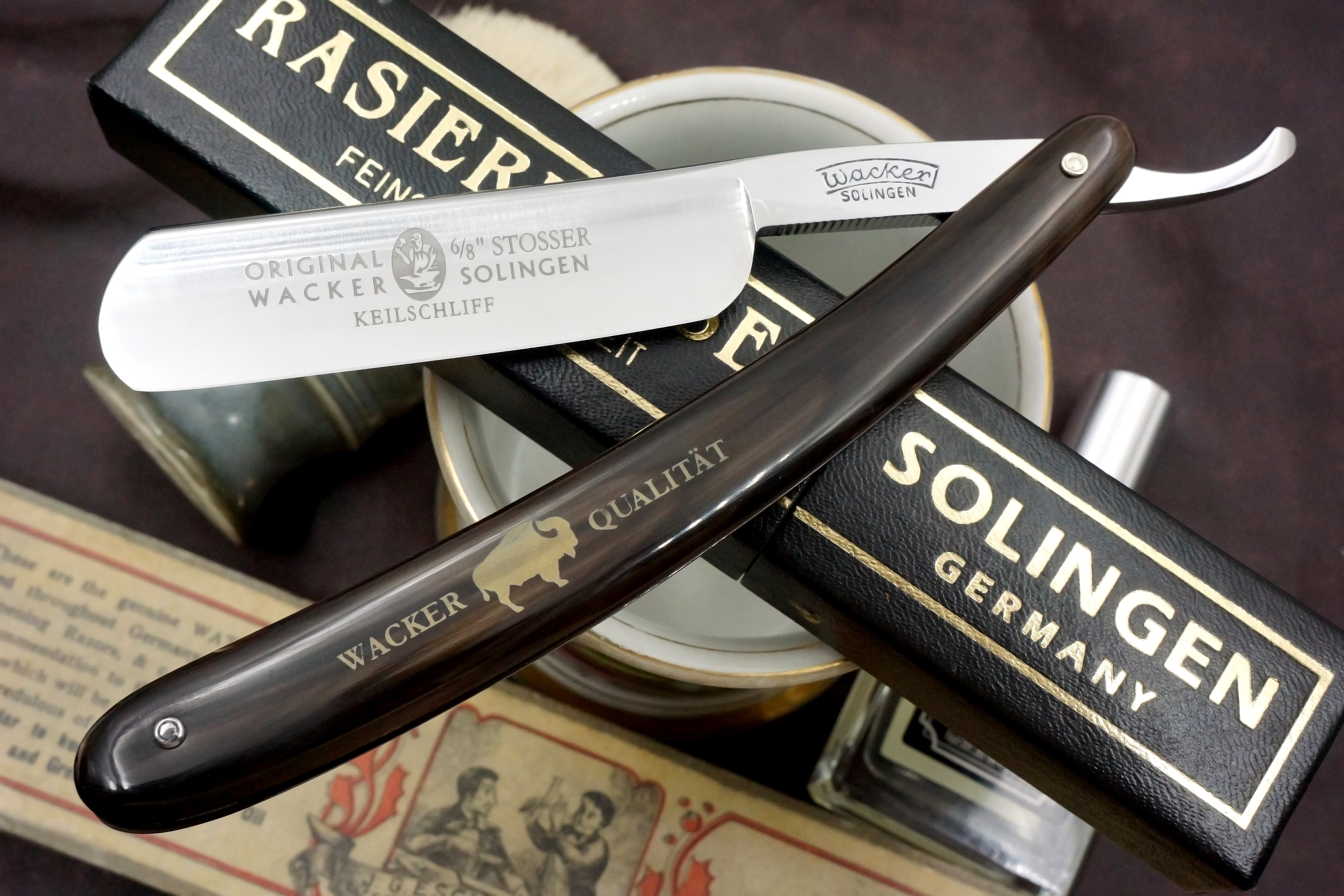 Wacker Stosser 6/8 Quarter Hollow  Blade - Horn Scales Preowned Solingen Straight Razor - Shave Ready