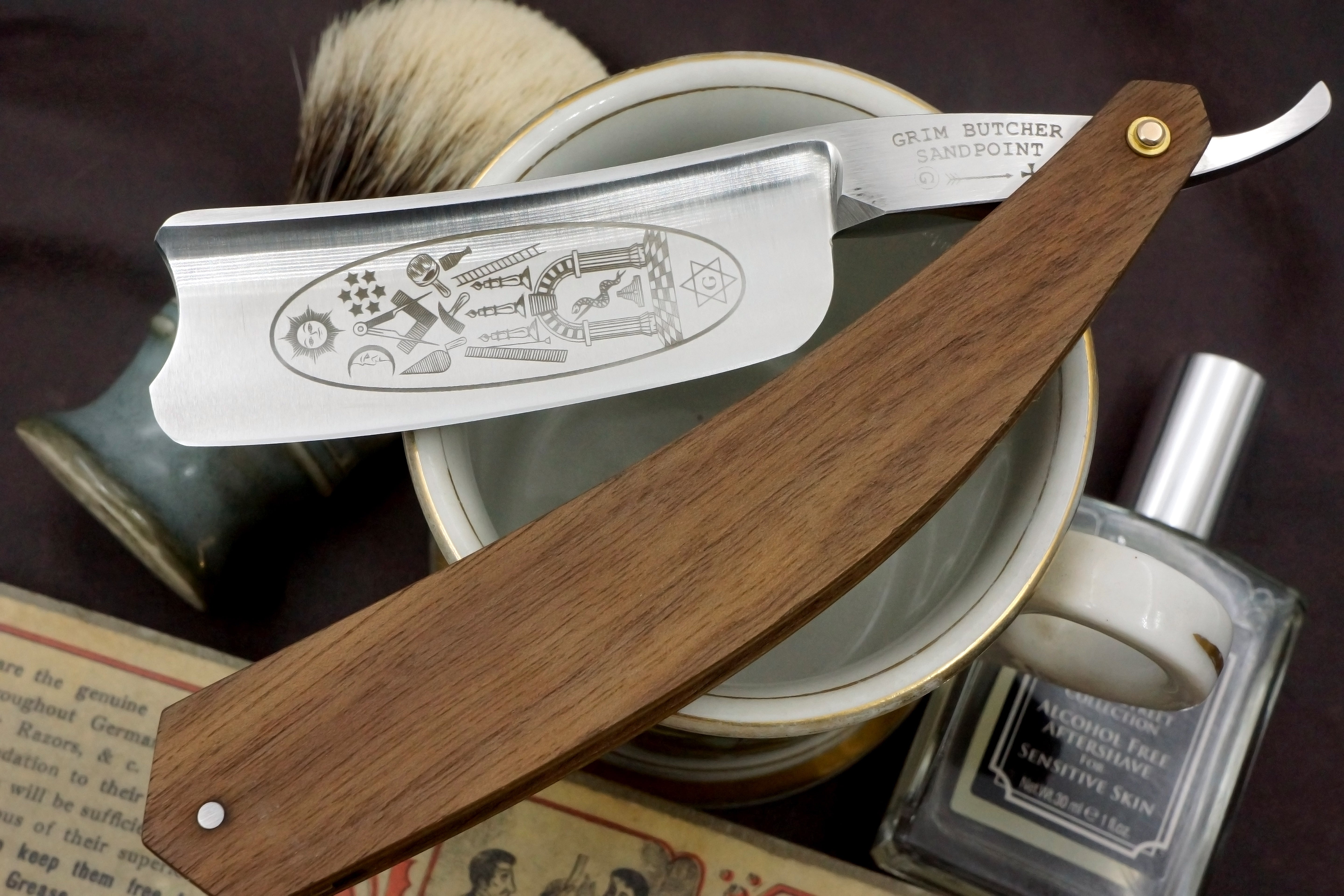 Grim Butcher 9/8 Full Hollow Blade with Masonic Etch - Preowned Straight Razor - Shave Ready