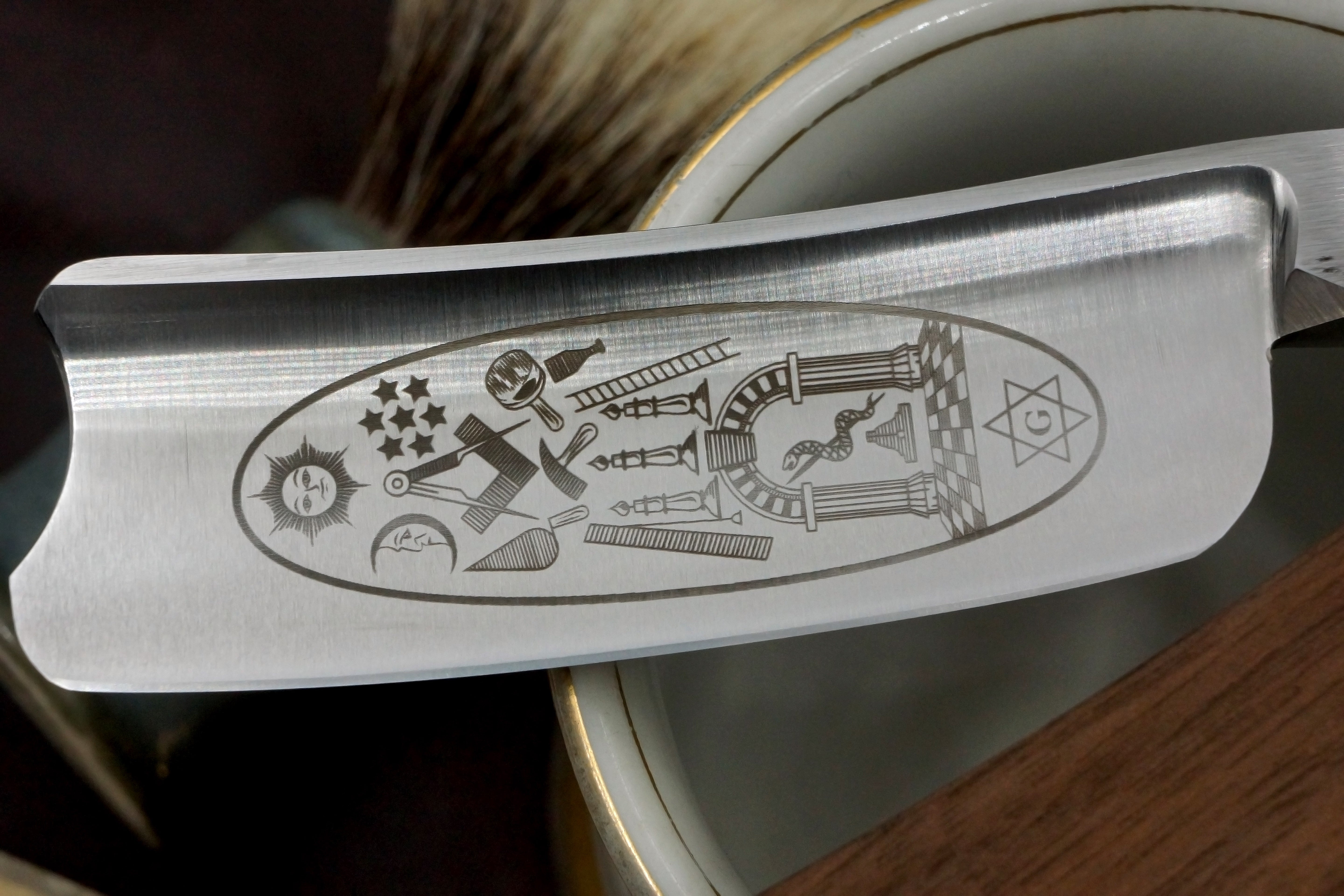 Grim Butcher 9/8 Full Hollow Blade with Masonic Etch - Preowned Straight Razor - Shave Ready