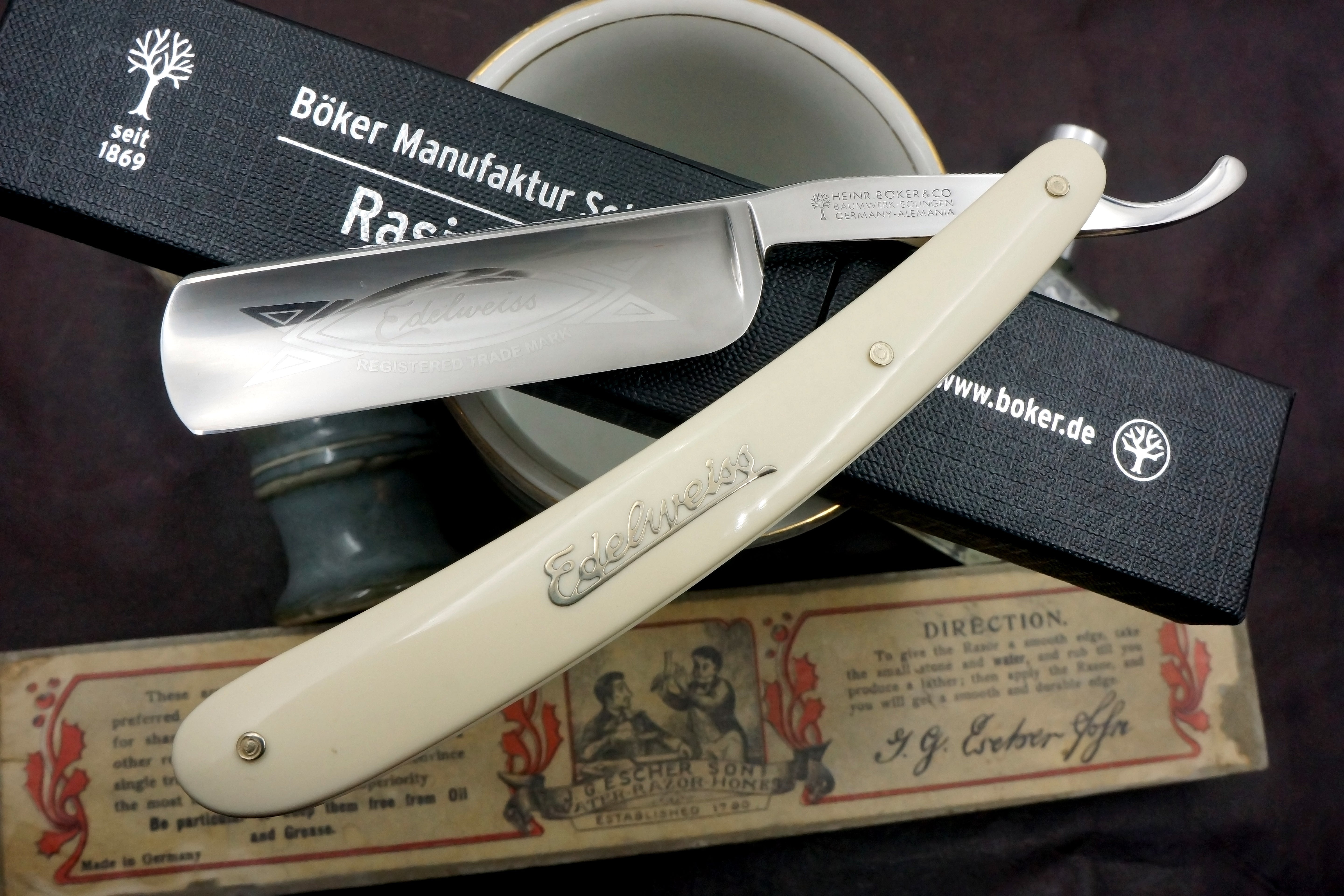 Boker "Edelweiss" 6/8 Full Hollow Etched Blade - Preowned Solingen Straight Razor - Shave Ready