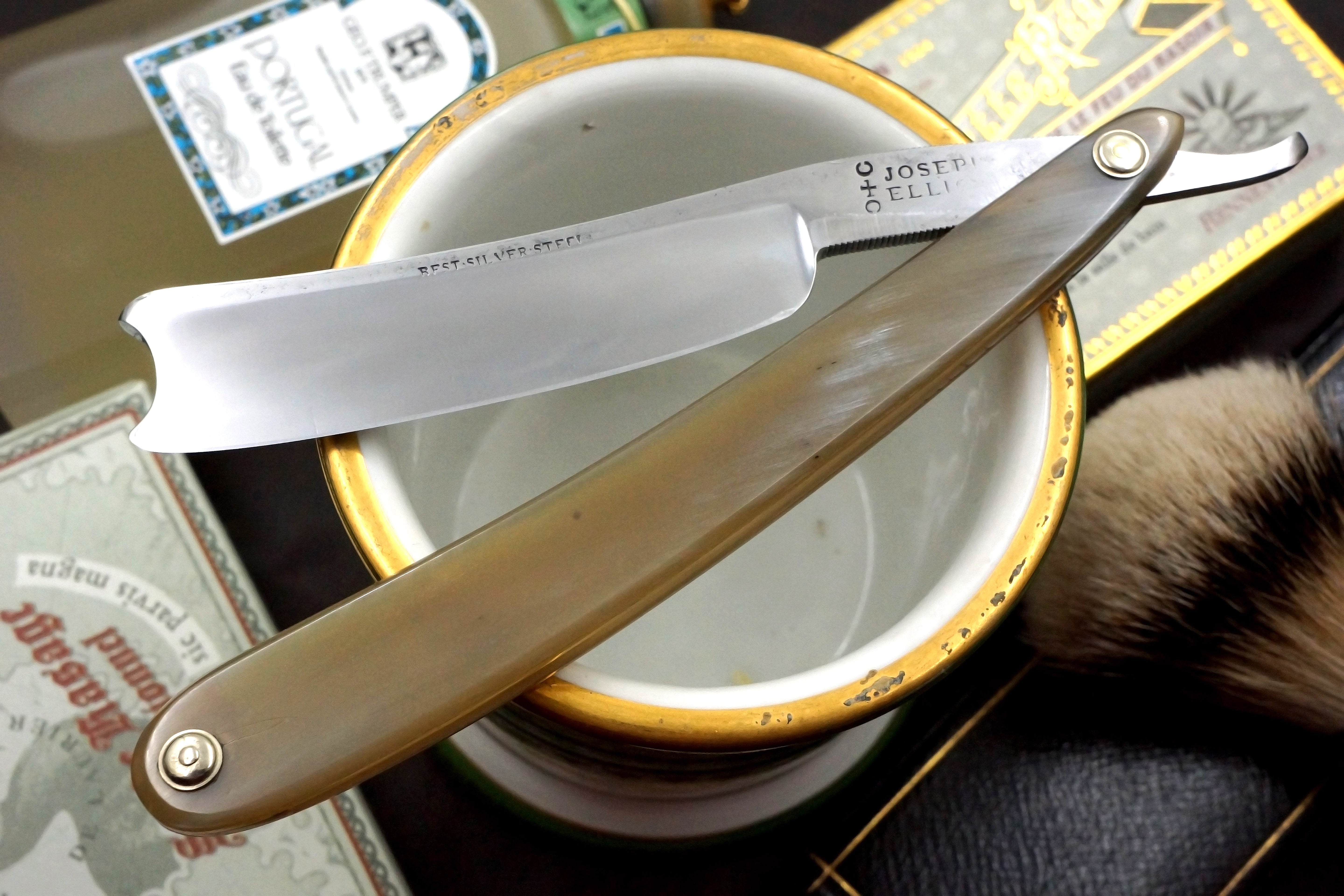 Joseph Elliot's Best Silver Steel - Restored 6/8 Vintage Sheffield Straight Razor with New Horn Scales - Shave Ready