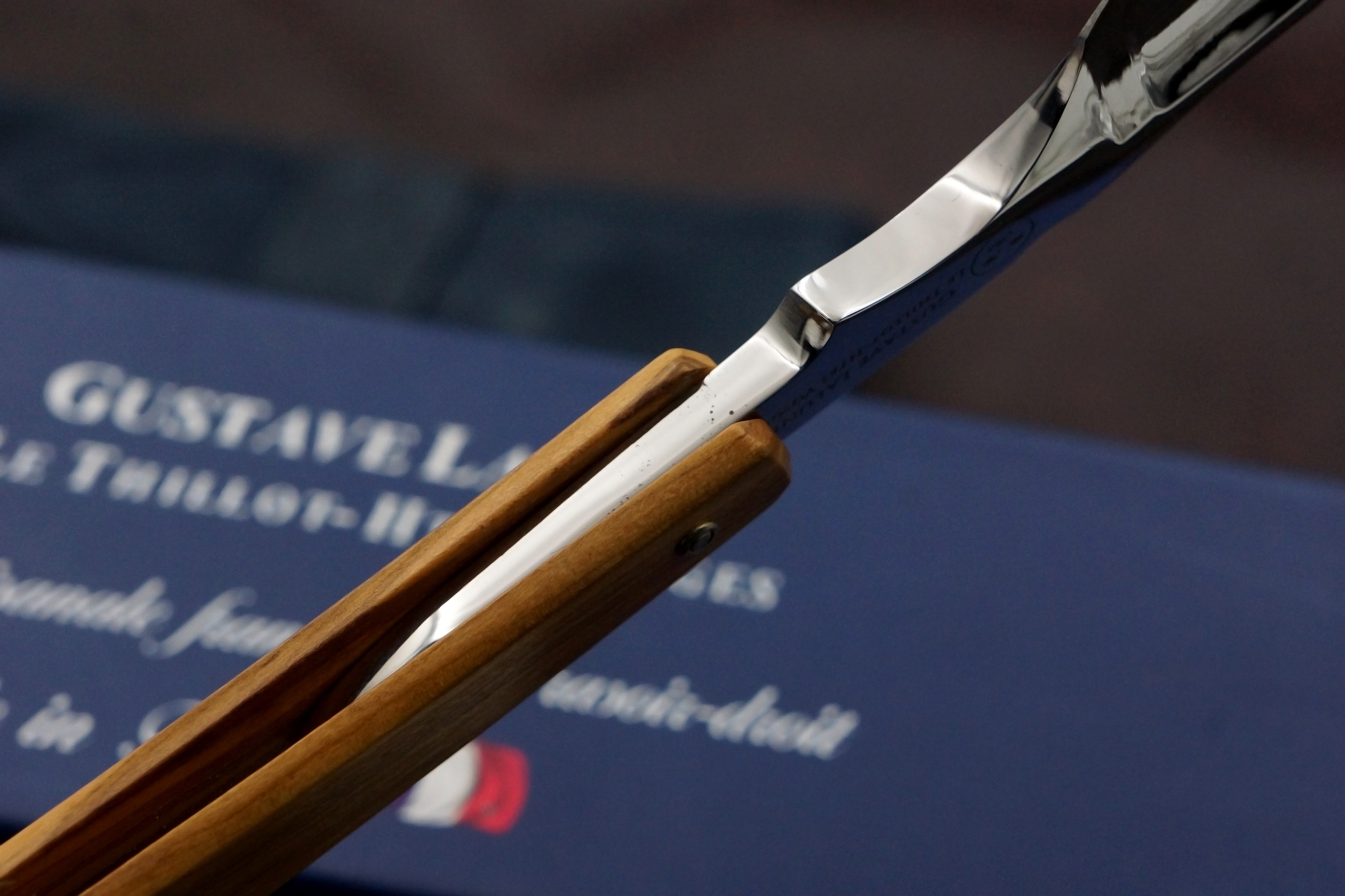 Gustave La Lune 6/8 Full Hollow Fancy Blade with Olivewood Scales - Excellent Preowned French Straight Razor - Shave Ready