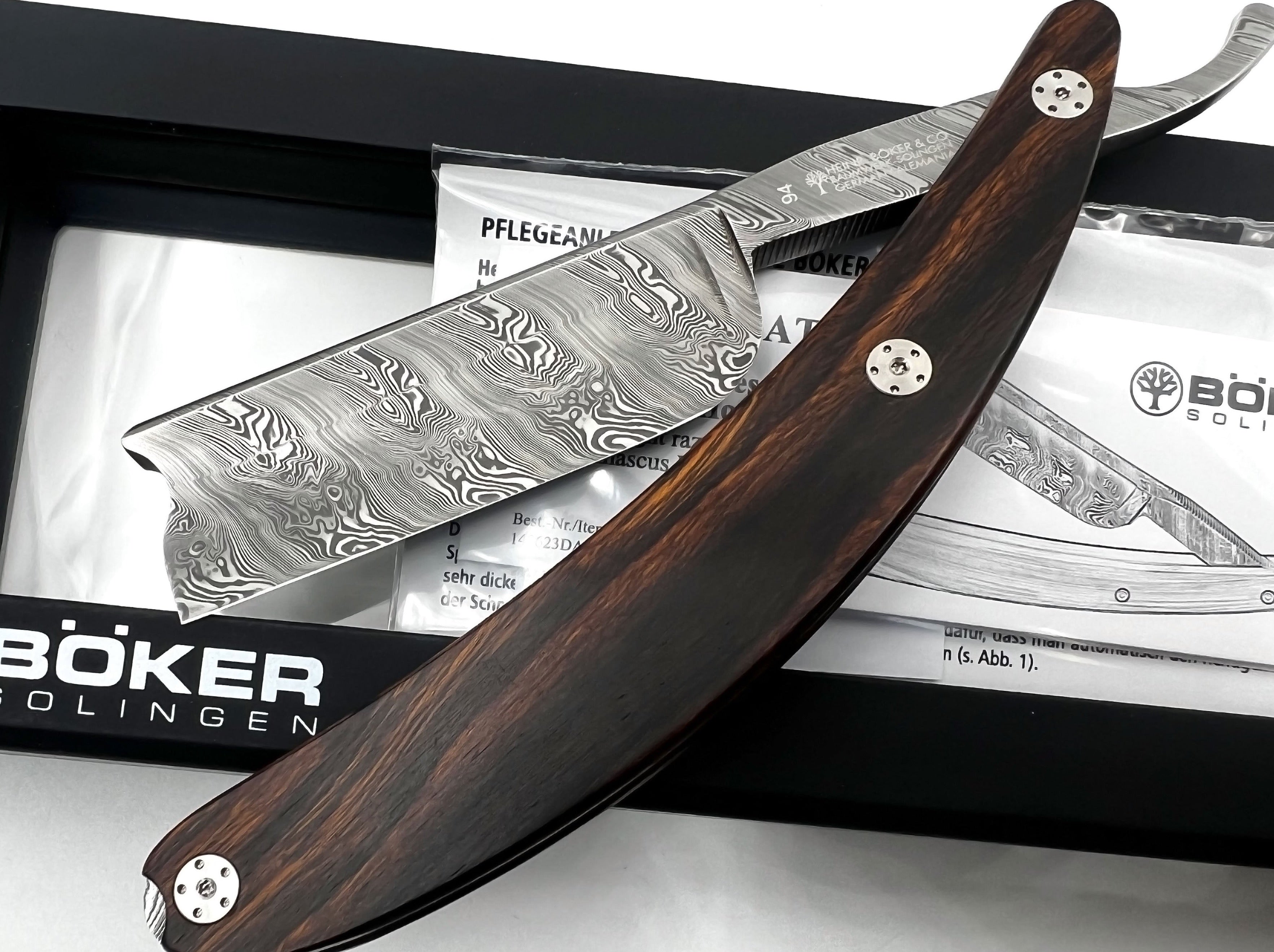 Boker Damascus Master Cutter 8/8 Blade with Desert Ironwood Scales Full Hollow Solingen Straight Razor