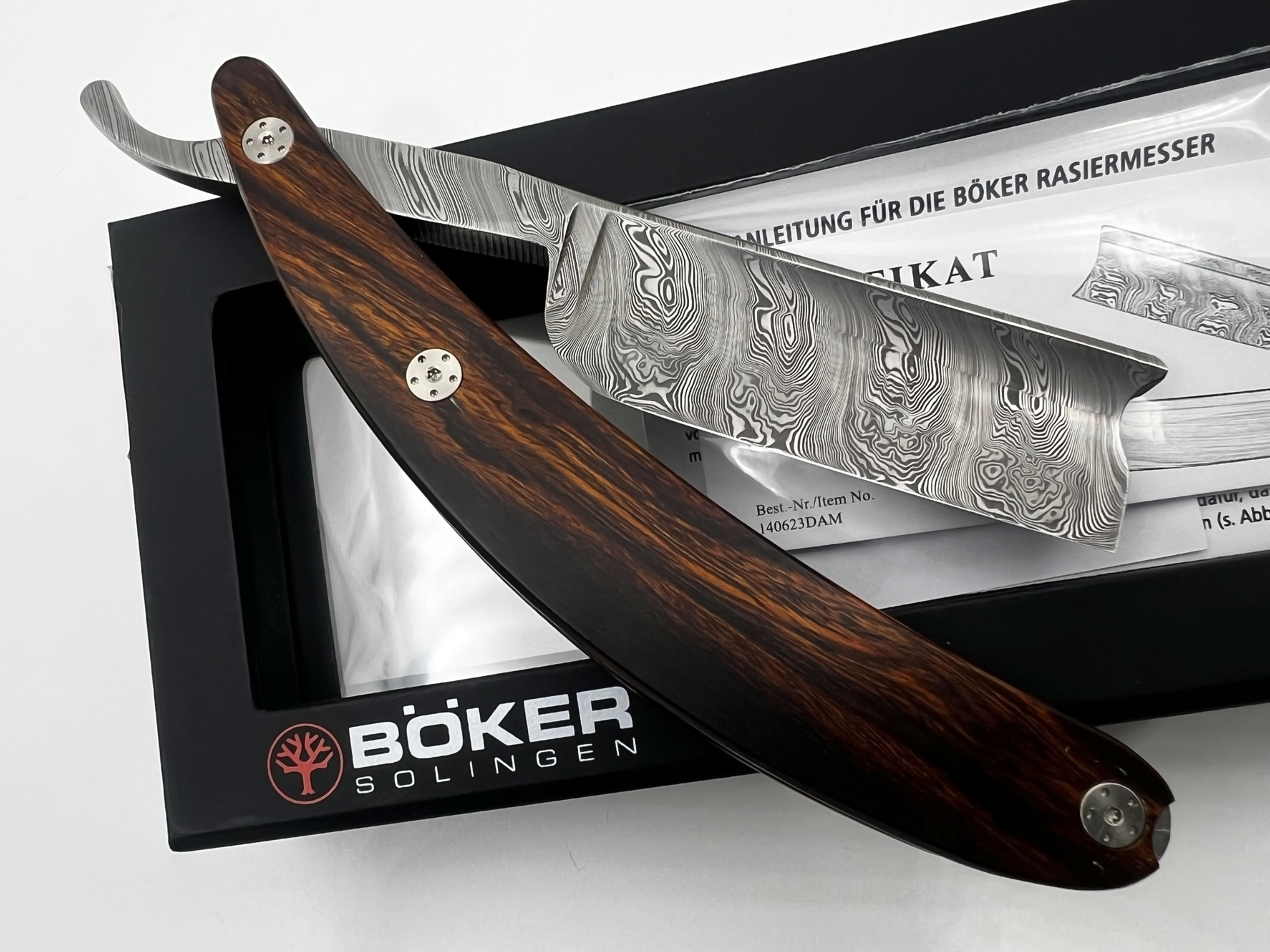 Boker Damascus Master Cutter 8/8 Blade with Desert Ironwood Scales Full Hollow Solingen Straight Razor