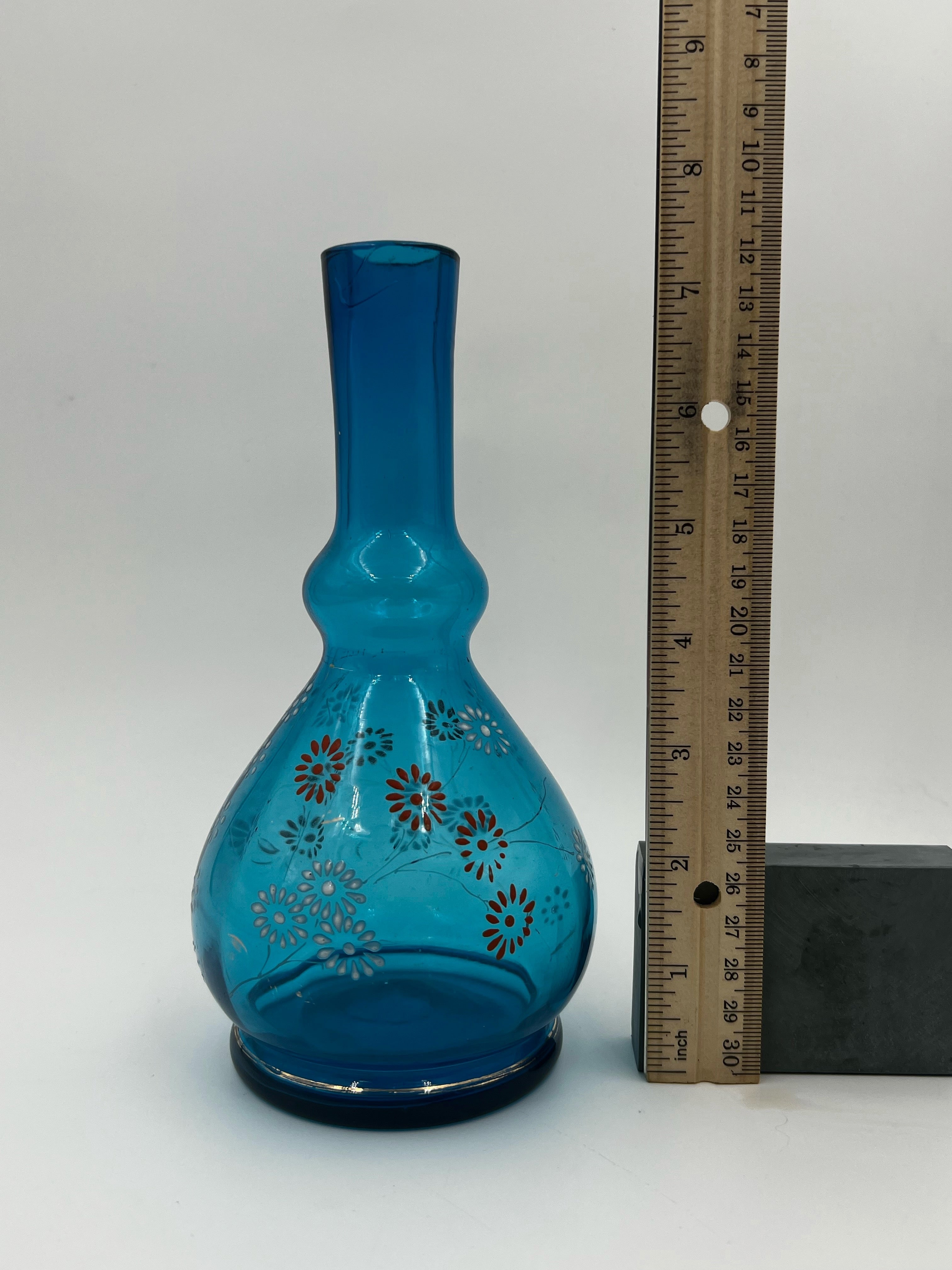 Antique Hand Painted Blue Hand Blown Glass Barber Bottle- Lovely and Excellent Condition