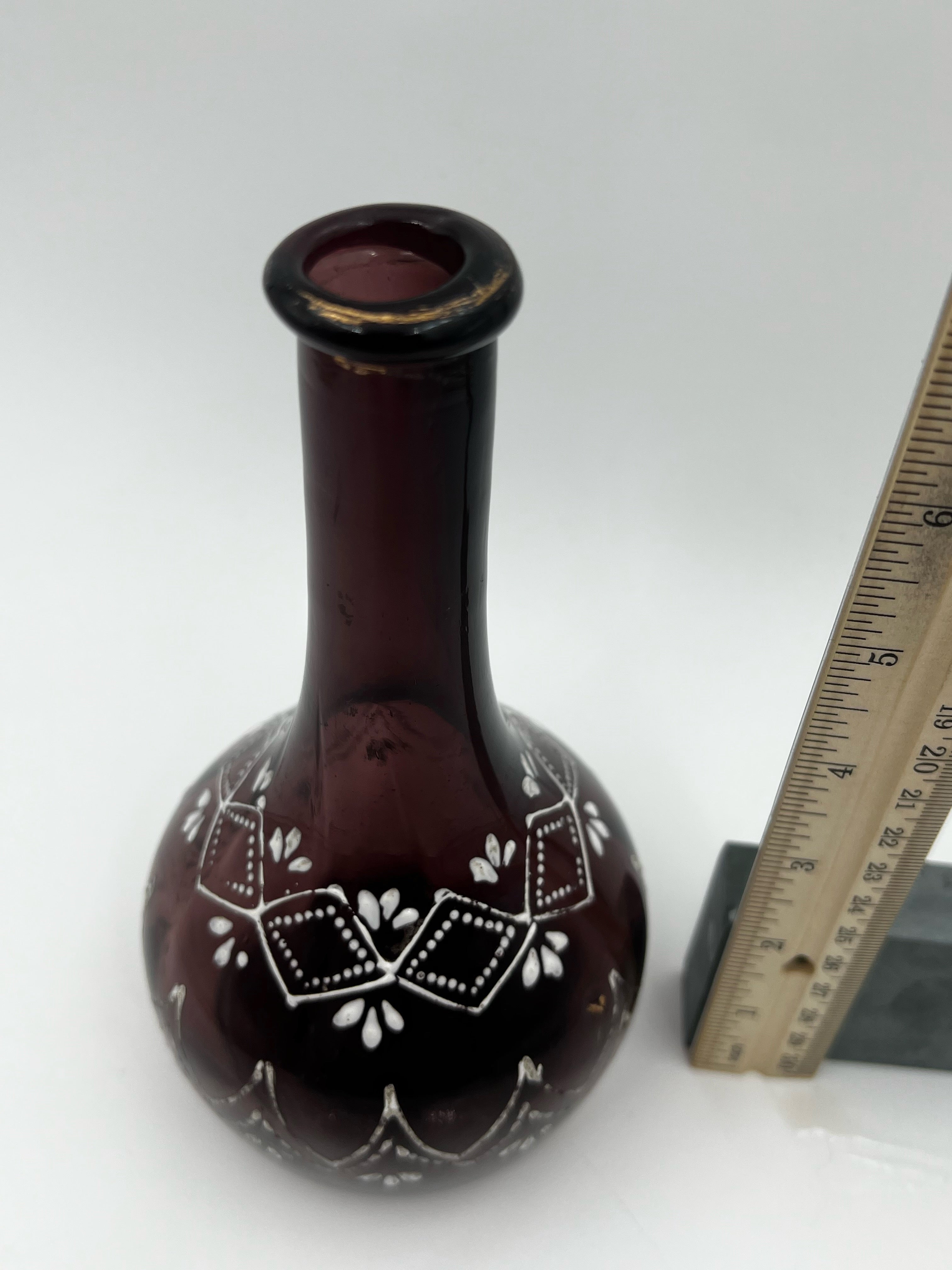 Antique Hand Painted Cranberry Hand Blown Glass Barber Bottle- Lovely and Excellent Condition