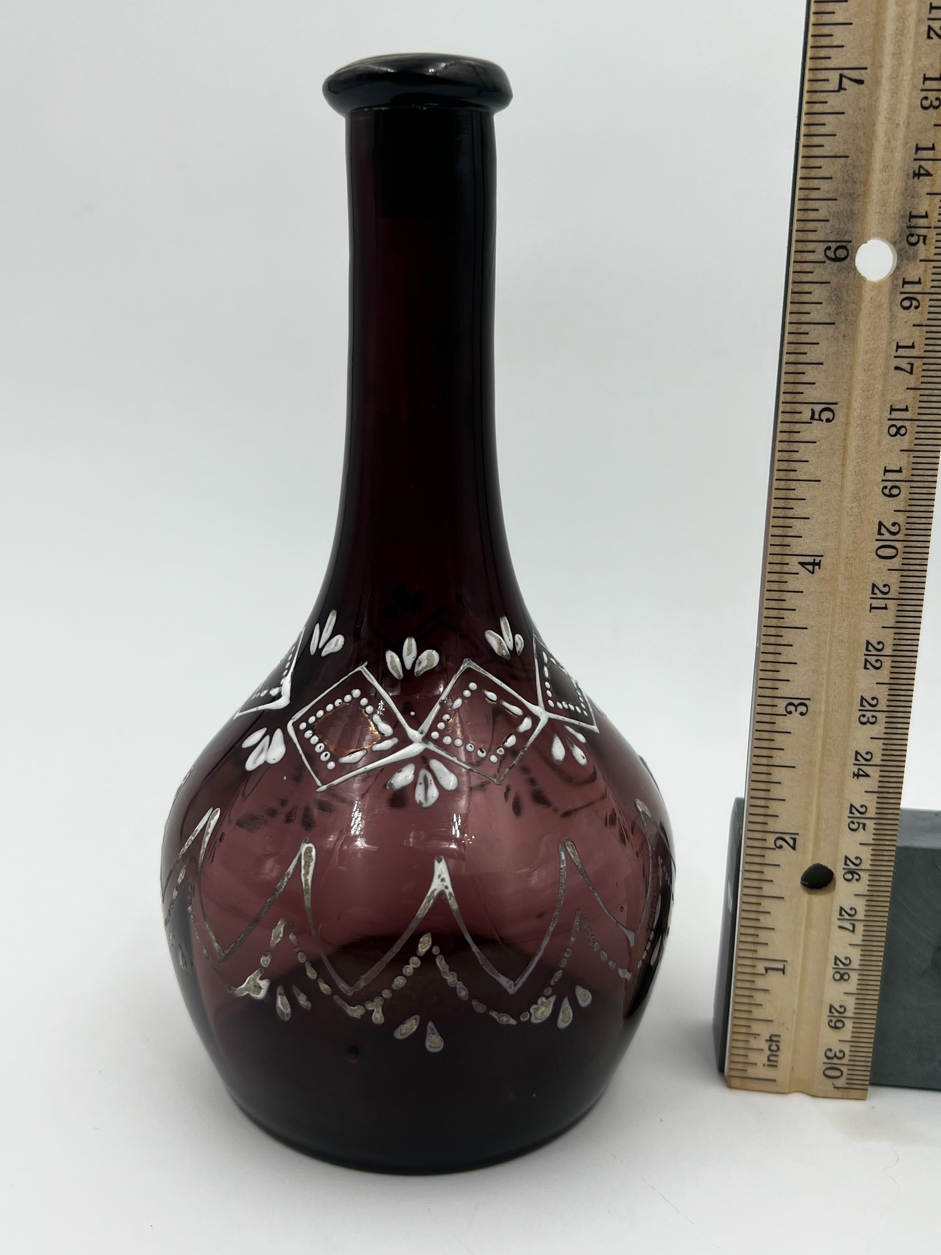 Antique Hand Painted Cranberry Hand Blown Glass Barber Bottle- Lovely and Excellent Condition