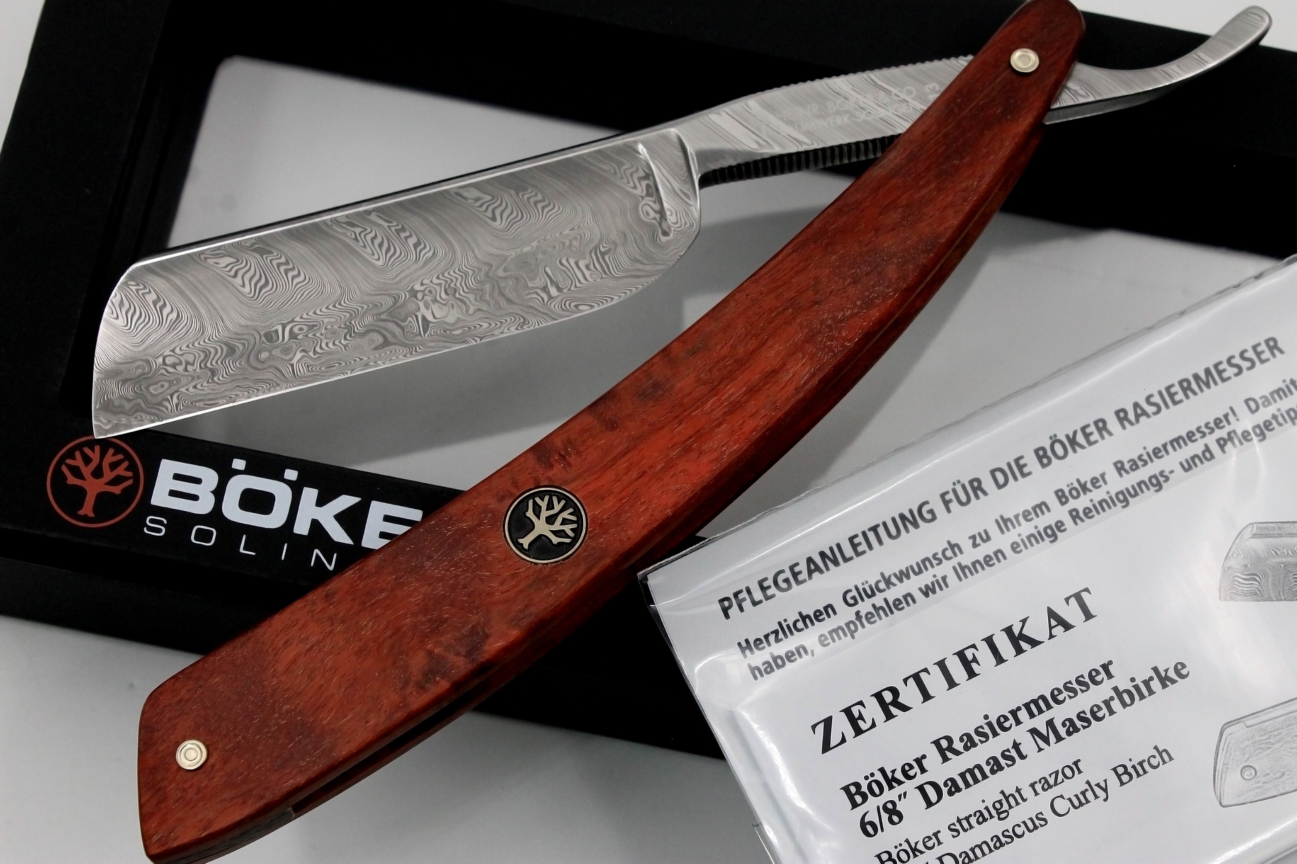 Boker Damascus Birch 6/8 Blade with Curly Birch Scales - Full Hollow Solingen Straight Razor