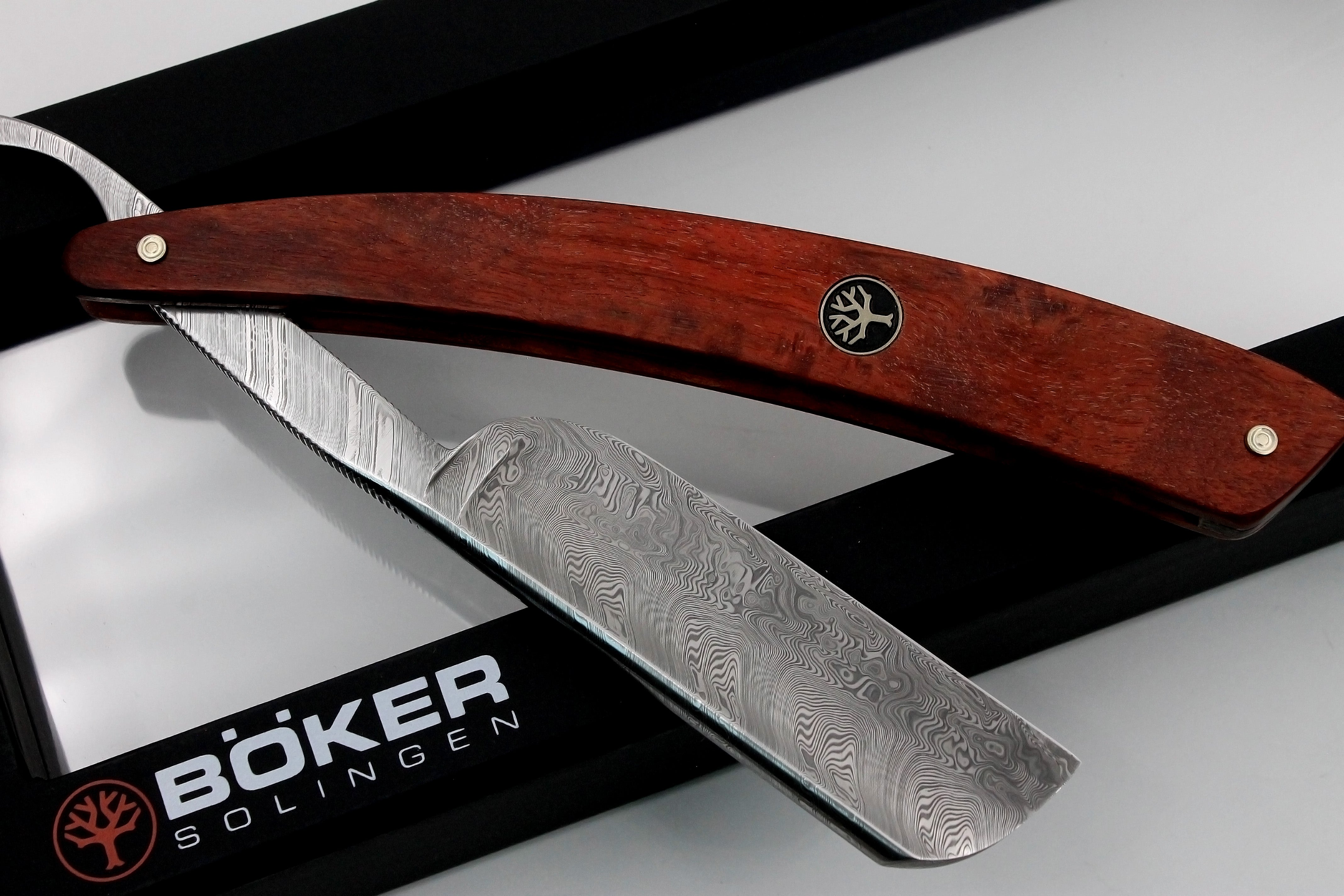 Boker Damascus Birch 6/8 Blade with Curly Birch Scales - Full Hollow Solingen Straight Razor