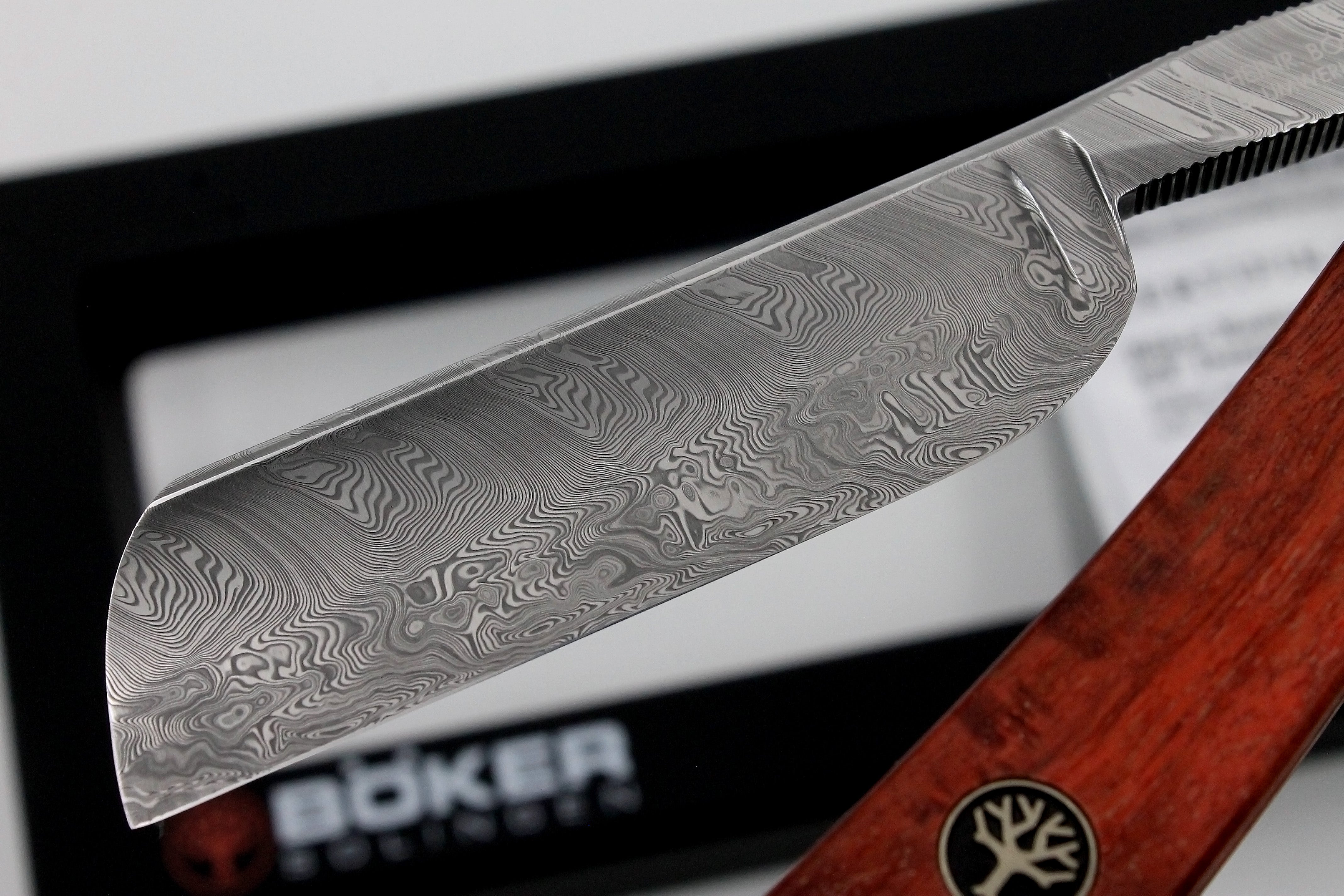 Boker Damascus Birch 6/8 Blade with Curly Birch Scales - Full Hollow Solingen Straight Razor