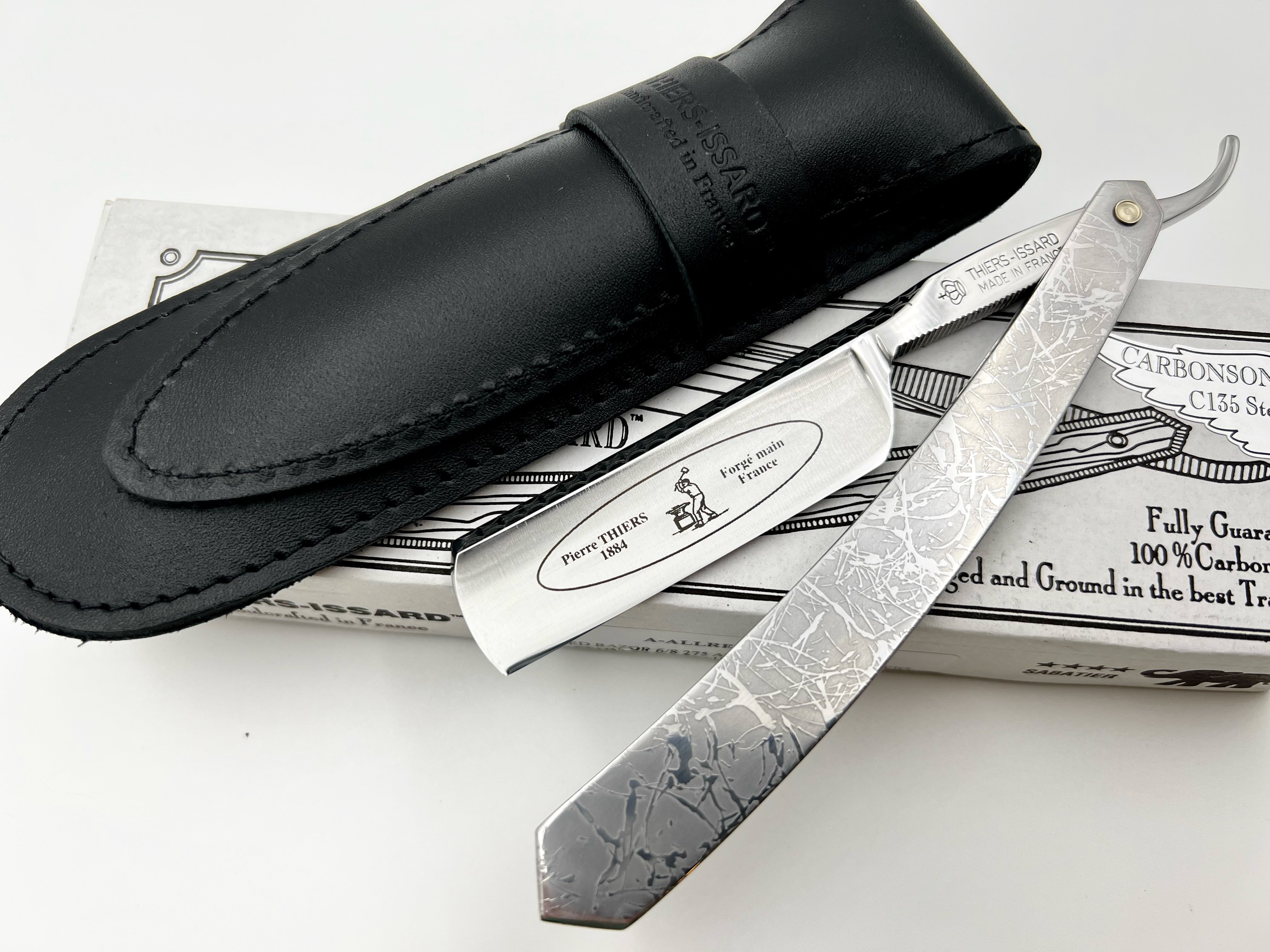 Thiers Issard 6/8 Engraved Spine with Etched Stainless Steel Scales - Cloud Design - Half Hollow Ground Straight Razor