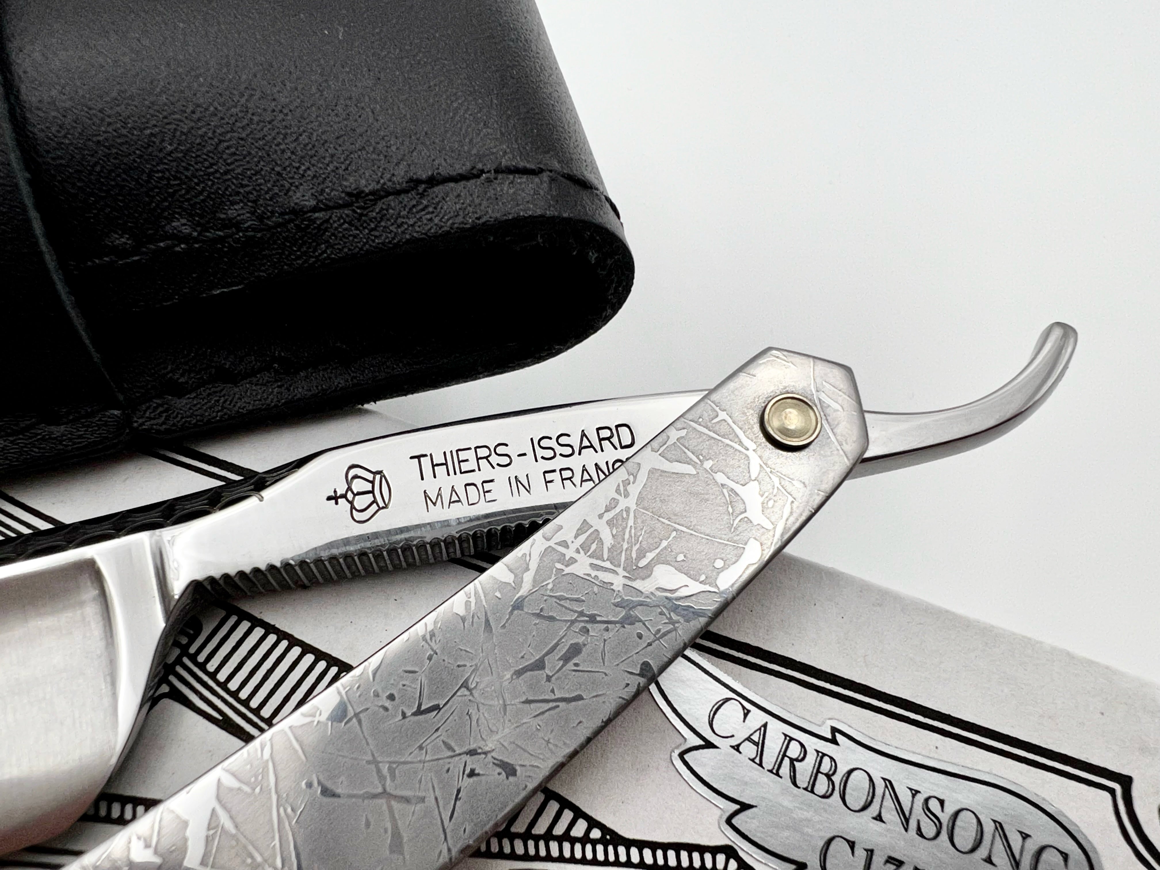 Thiers Issard 6/8 Engraved Spine with Etched Stainless Steel Scales - Cloud Design - Half Hollow Ground Straight Razor