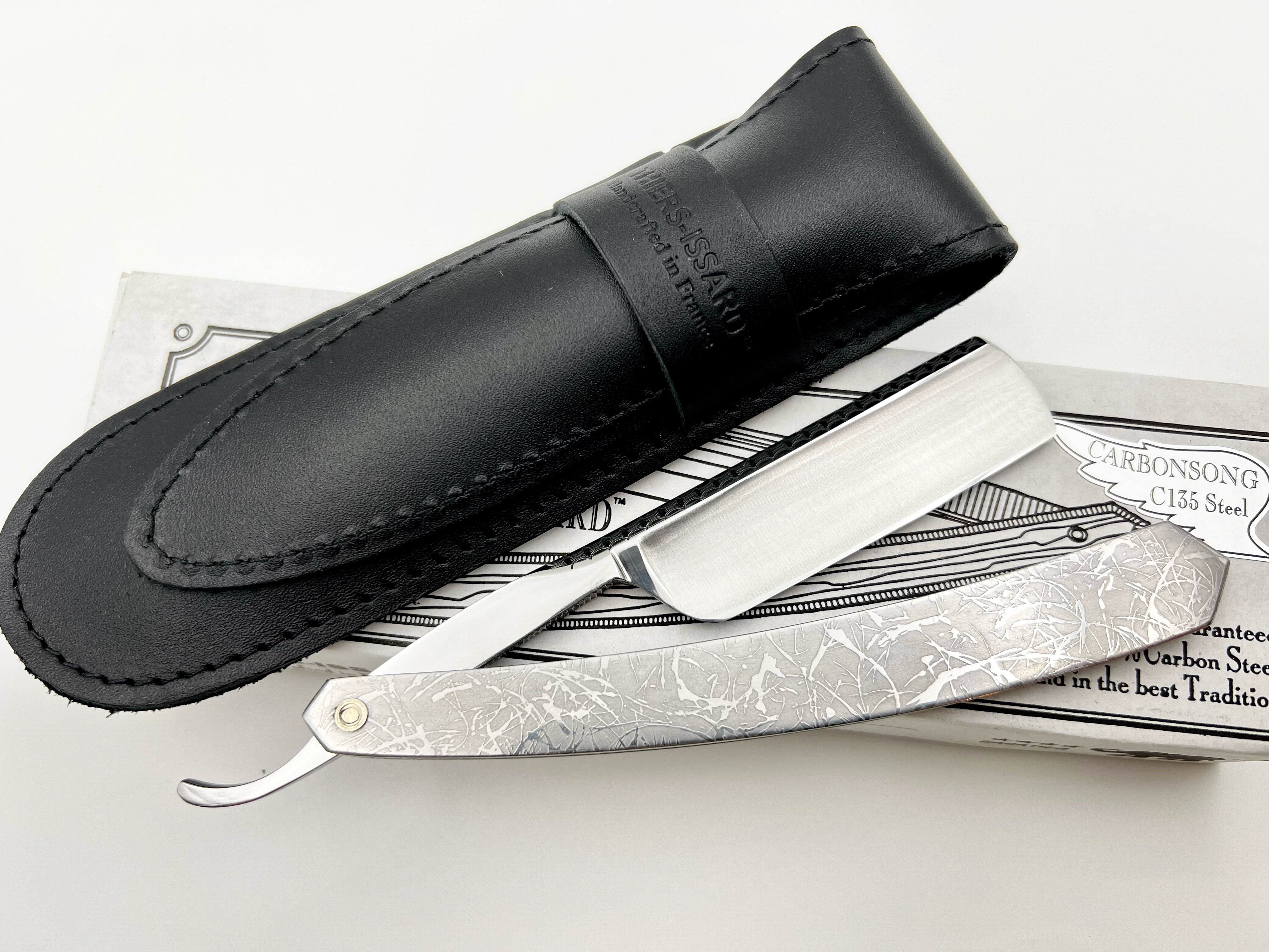 Thiers Issard 6/8 Engraved Spine with Etched Stainless Steel Scales - Cloud Design - Half Hollow Ground Straight Razor