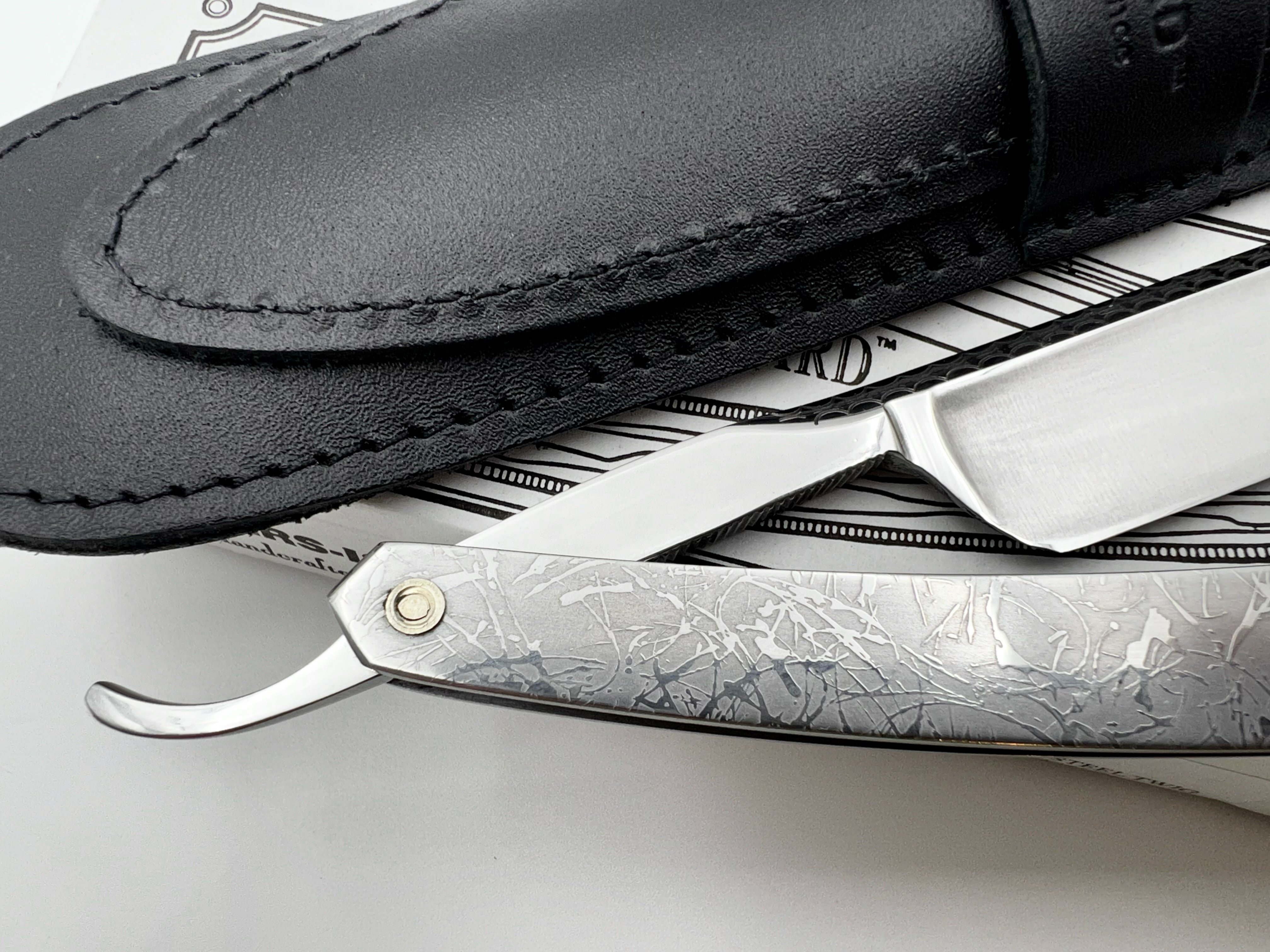 Thiers Issard 6/8 Engraved Spine with Etched Stainless Steel Scales - Cloud Design - Half Hollow Ground Straight Razor