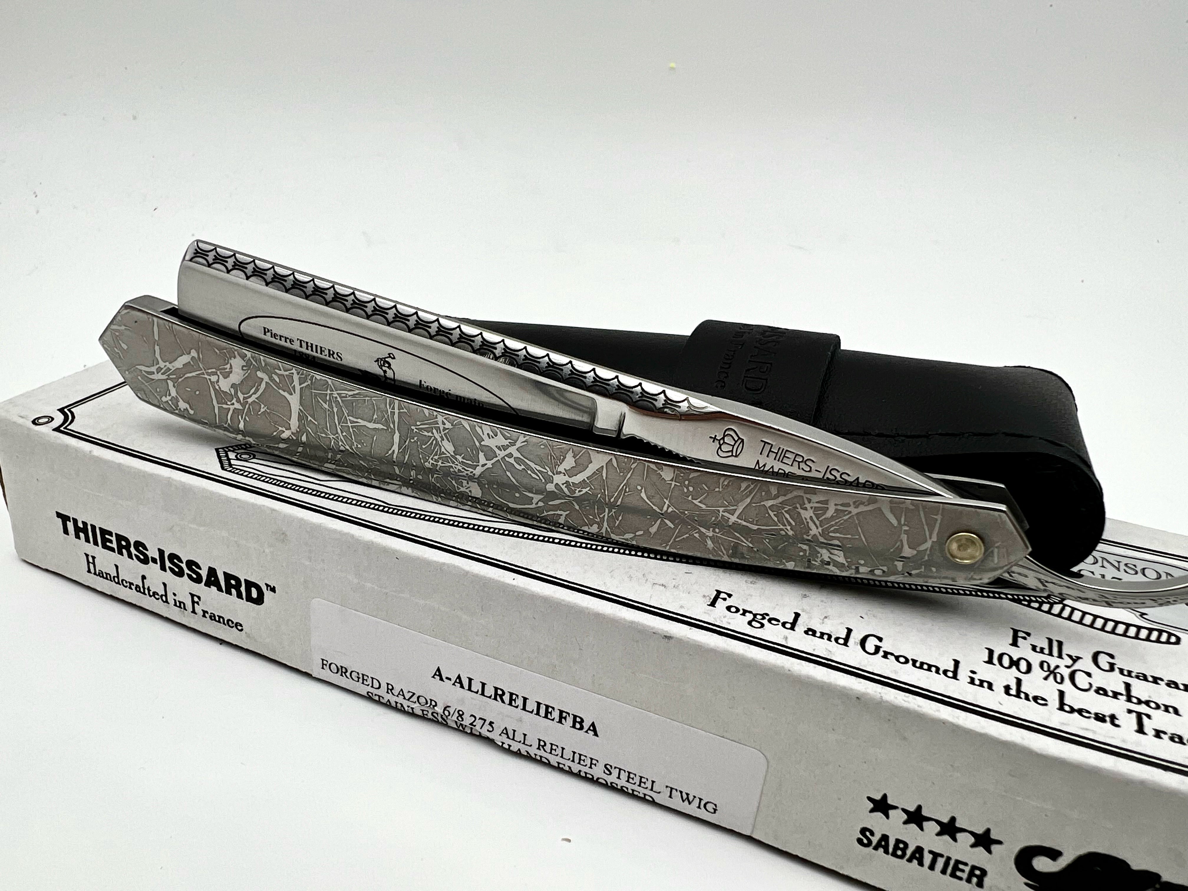 Thiers Issard 6/8 Engraved Spine with Etched Stainless Steel Scales - Cloud Design - Half Hollow Ground Straight Razor