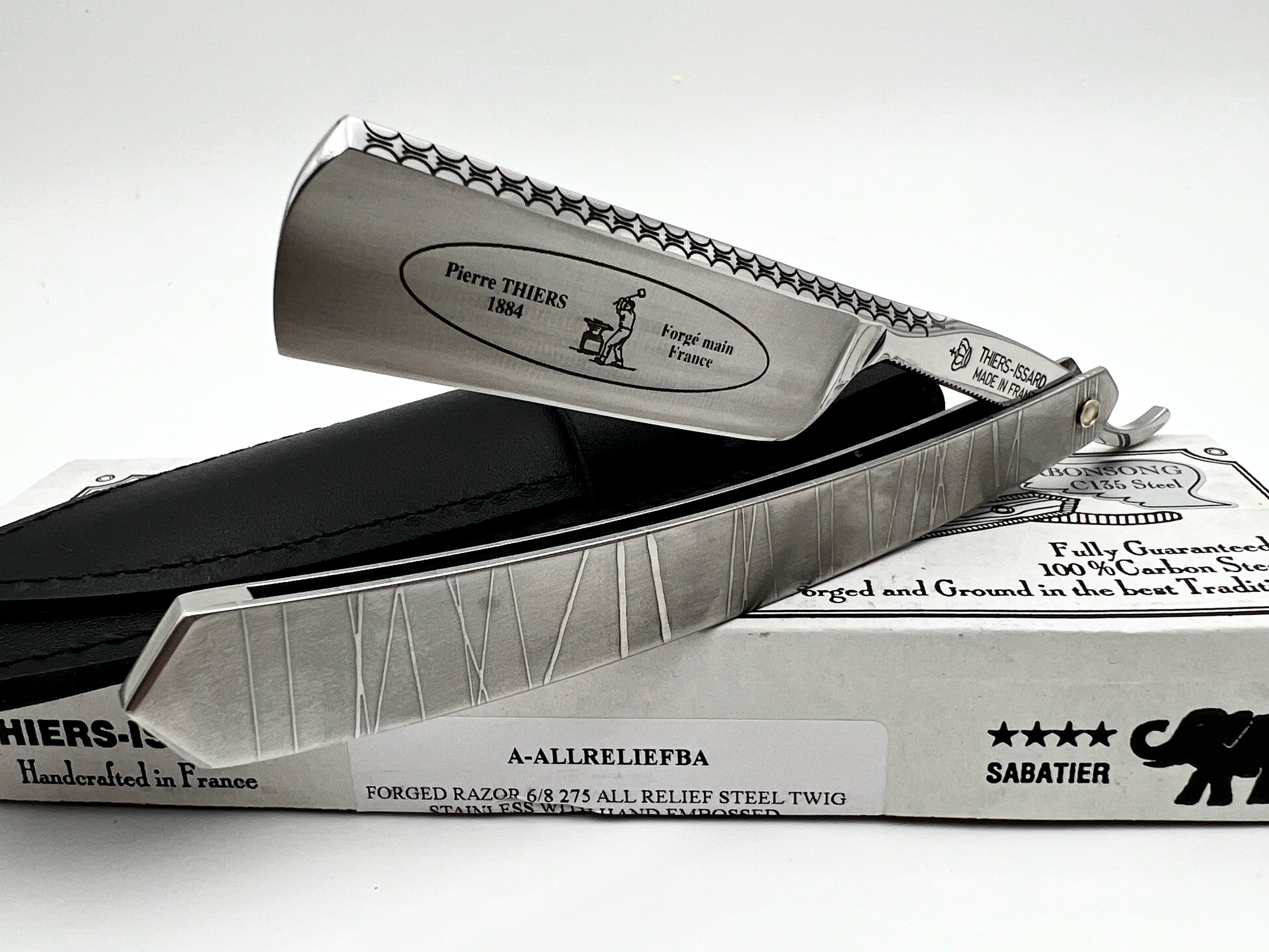 Thiers Issard 6/8 Engraved Spine with Etched Stainless Steel Scales - Cloud Design - Half Hollow Ground Straight Razor