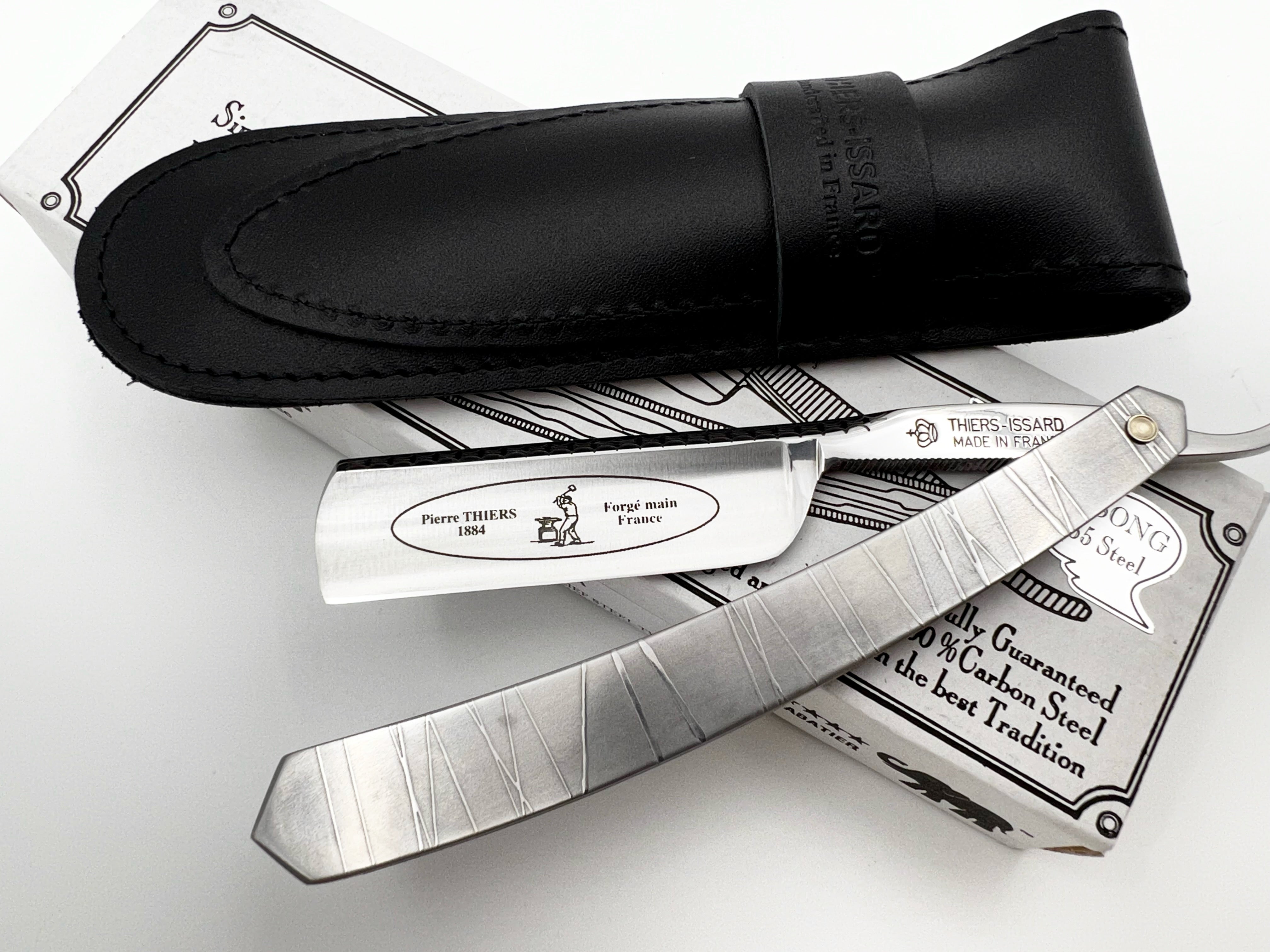 Thiers Issard 6/8 Engraved Spine with Etched Stainless Steel Scales - Twig Design - Half Hollow Ground Straight Razor