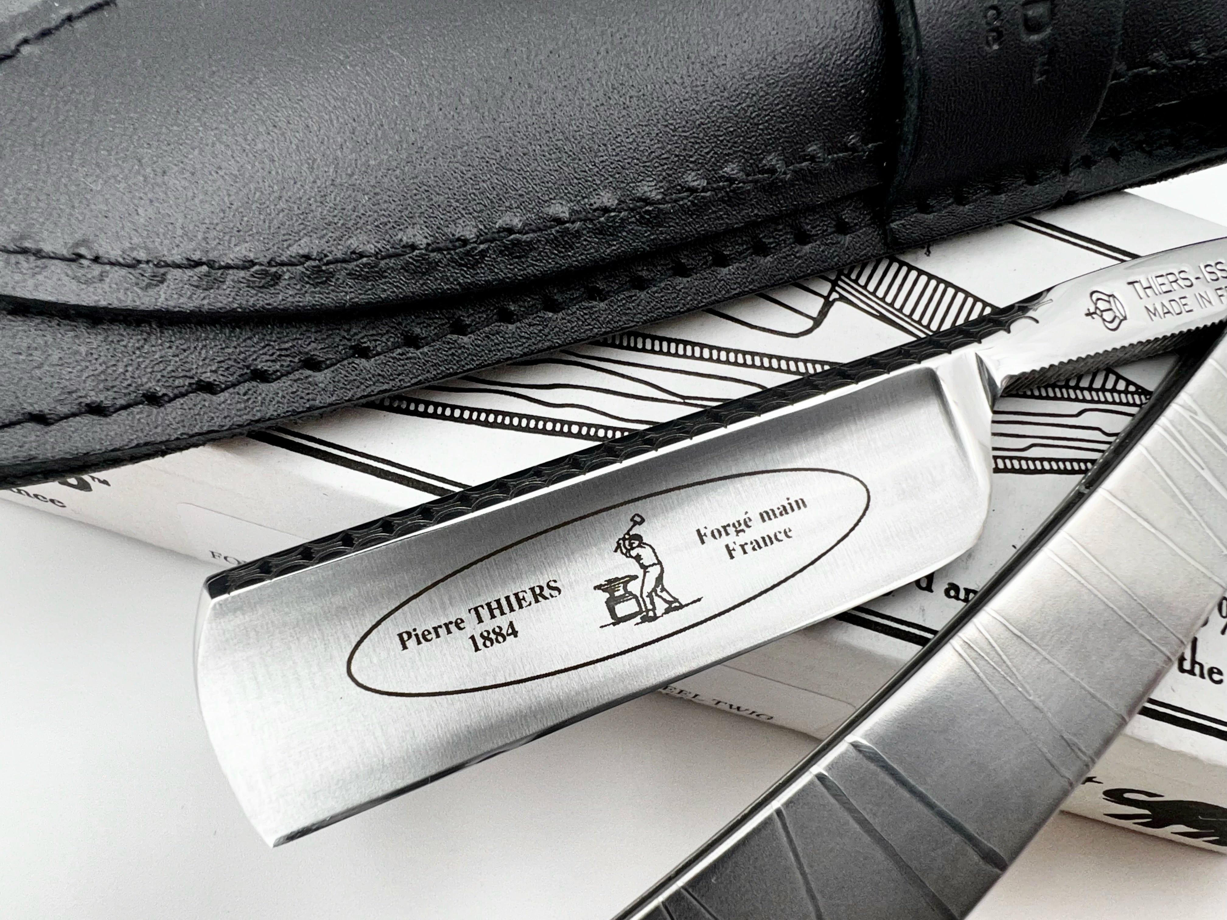 Thiers Issard 6/8 Engraved Spine with Etched Stainless Steel Scales - Twig Design - Half Hollow Ground Straight Razor