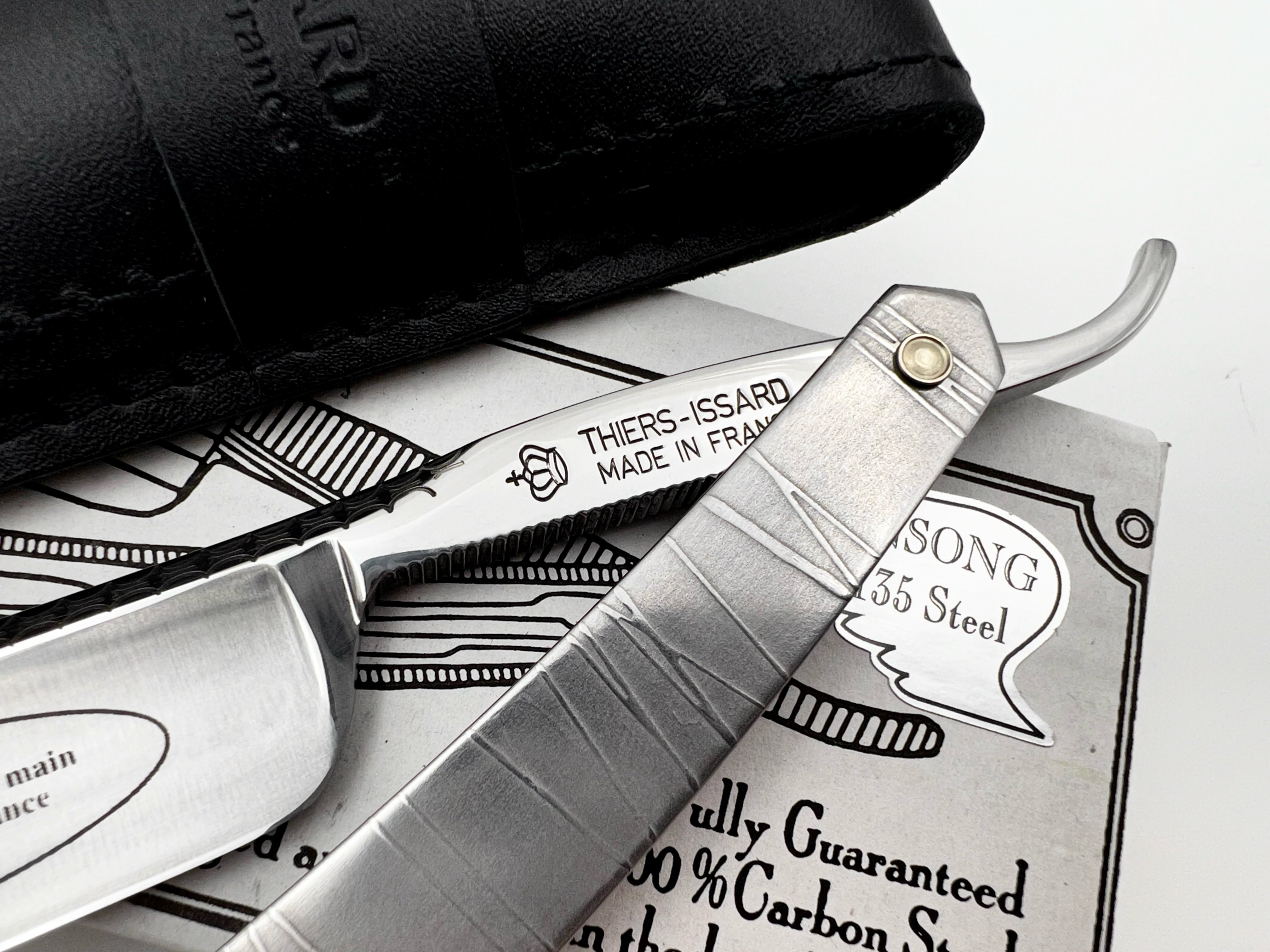 Thiers Issard 6/8 Engraved Spine with Etched Stainless Steel Scales - Twig Design - Half Hollow Ground Straight Razor