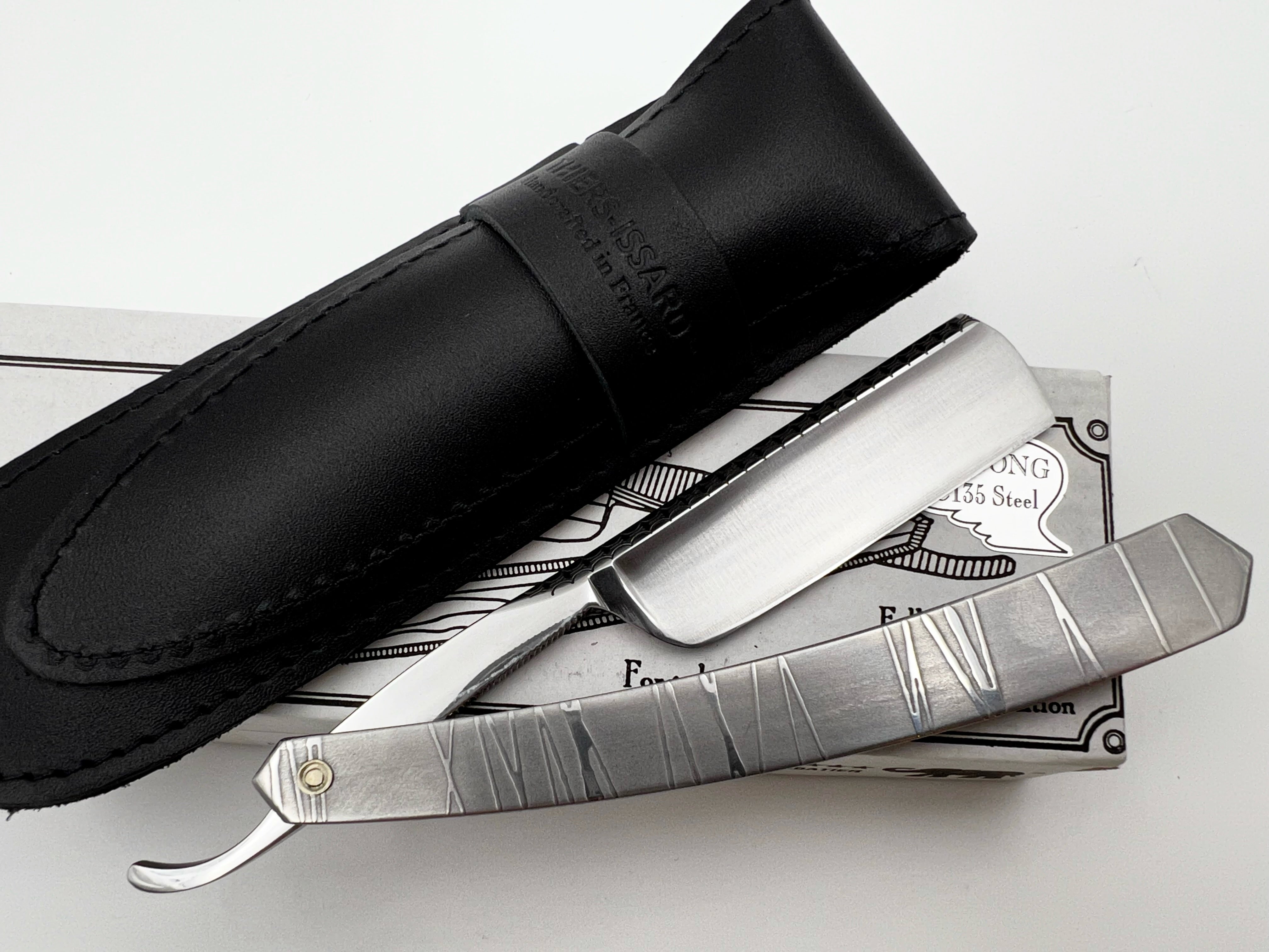 Thiers Issard 6/8 Engraved Spine with Etched Stainless Steel Scales - Twig Design - Half Hollow Ground Straight Razor