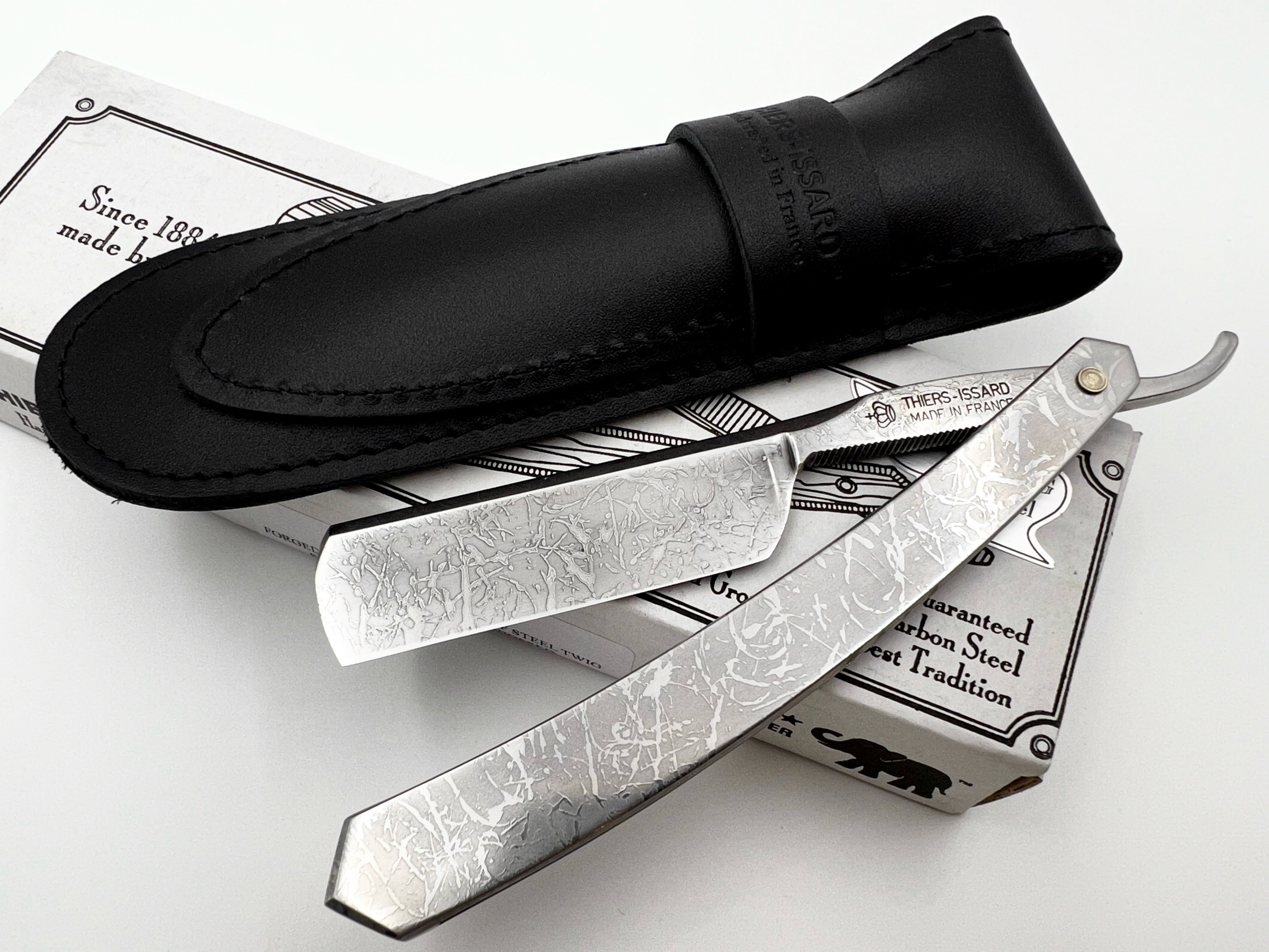 Thiers Issard 6/8 All-Over Etched Cloud Design - Half Hollow Ground Straight Razor with Stainless Steel Scales