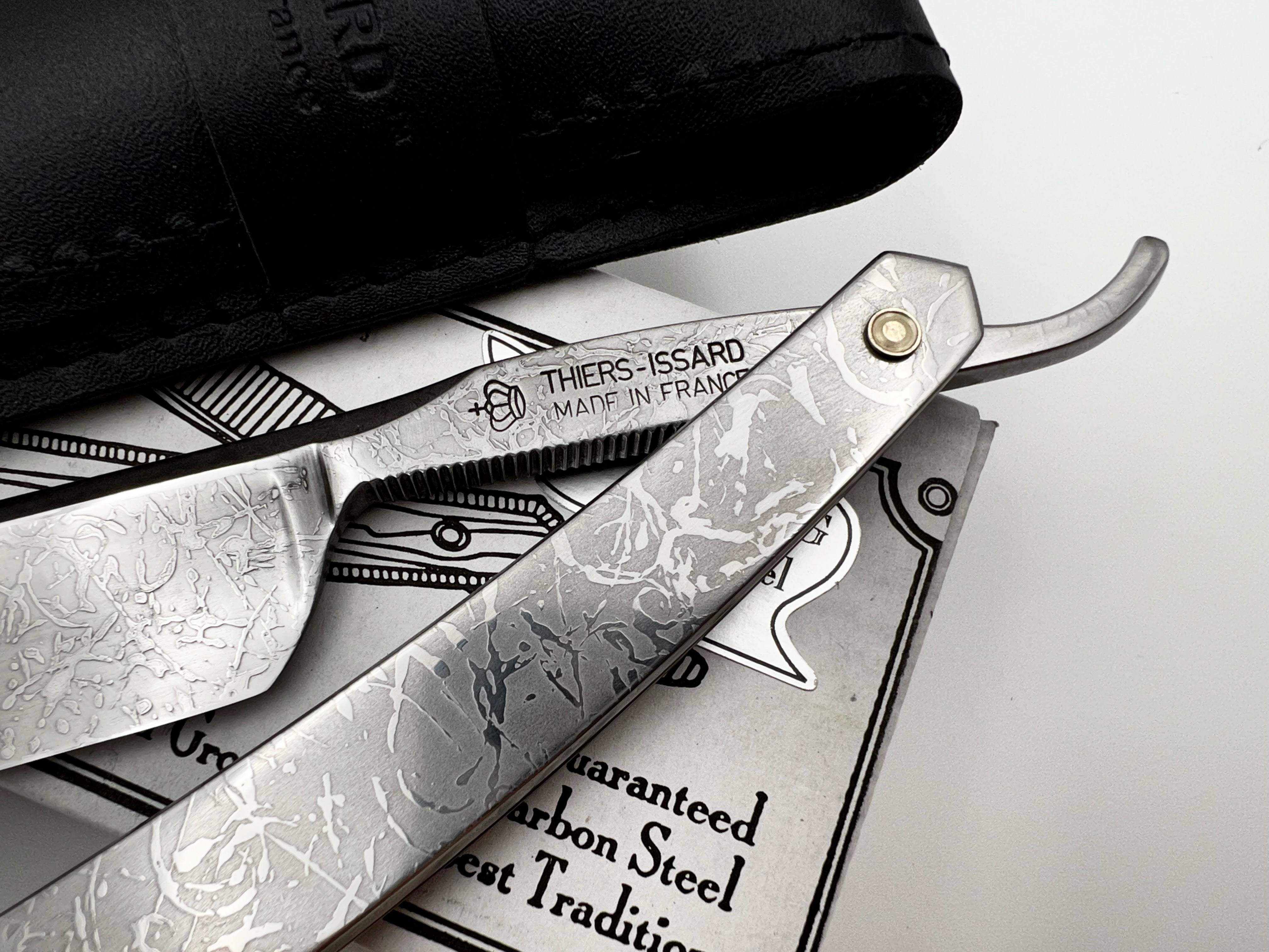 Thiers Issard 6/8 All-Over Etched Cloud Design - Half Hollow Ground Straight Razor with Stainless Steel Scales