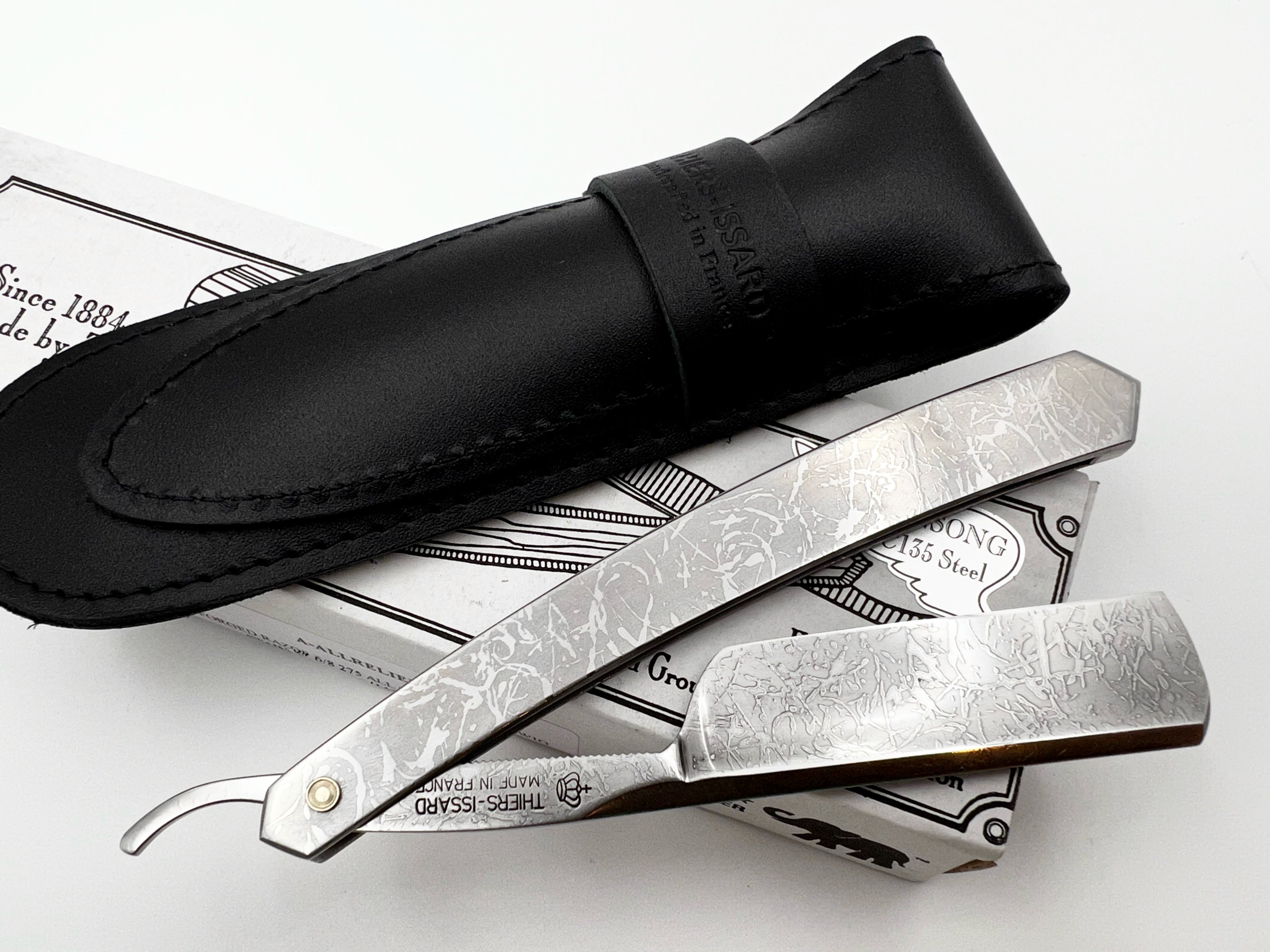 Thiers Issard 6/8 All-Over Etched Cloud Design - Half Hollow Ground Straight Razor with Stainless Steel Scales