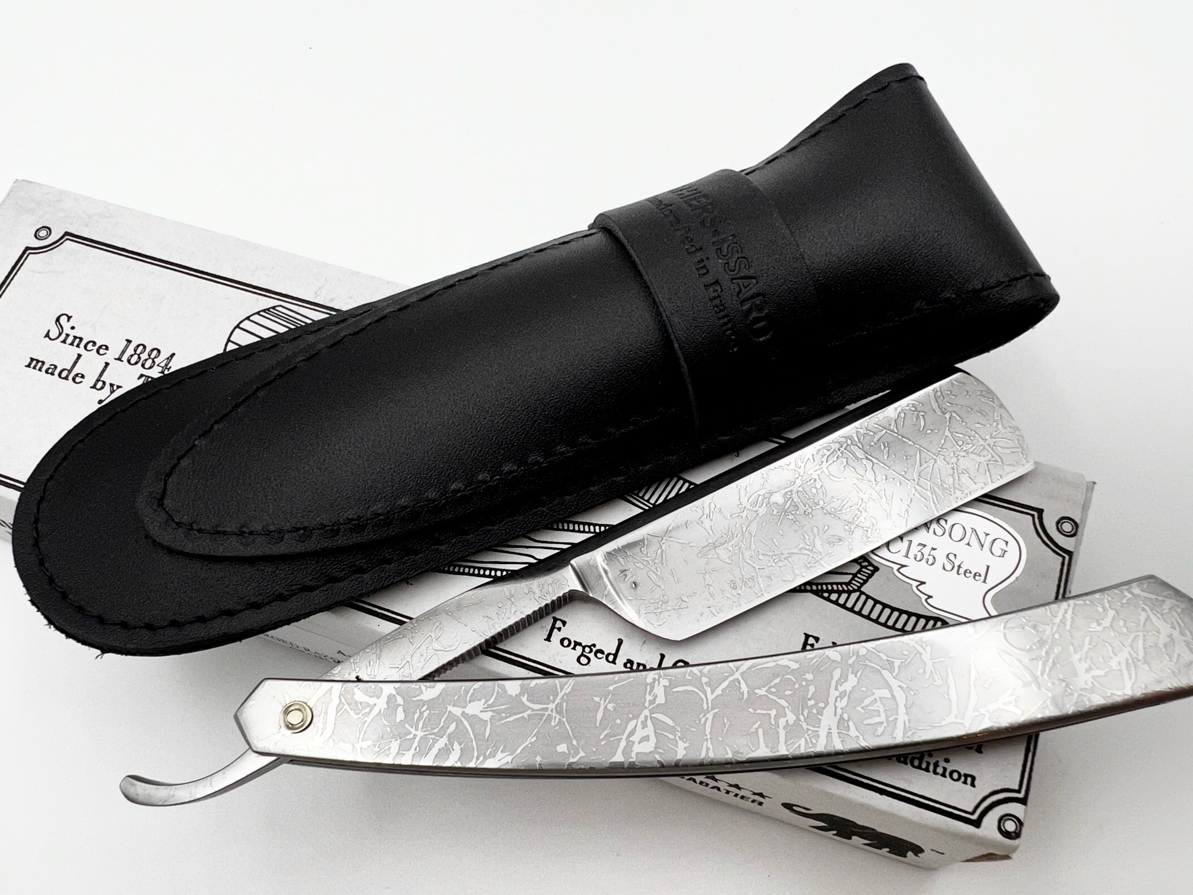 Thiers Issard 6/8 All-Over Etched Cloud Design - Half Hollow Ground Straight Razor with Stainless Steel Scales