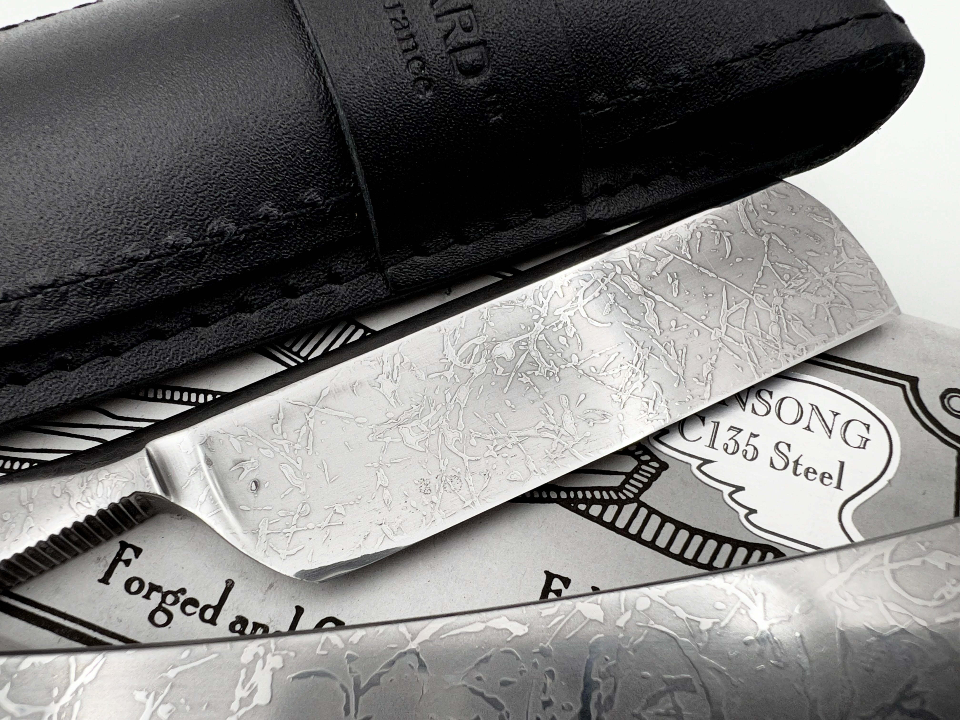 Thiers Issard 6/8 All-Over Etched Cloud Design - Half Hollow Ground Straight Razor with Stainless Steel Scales