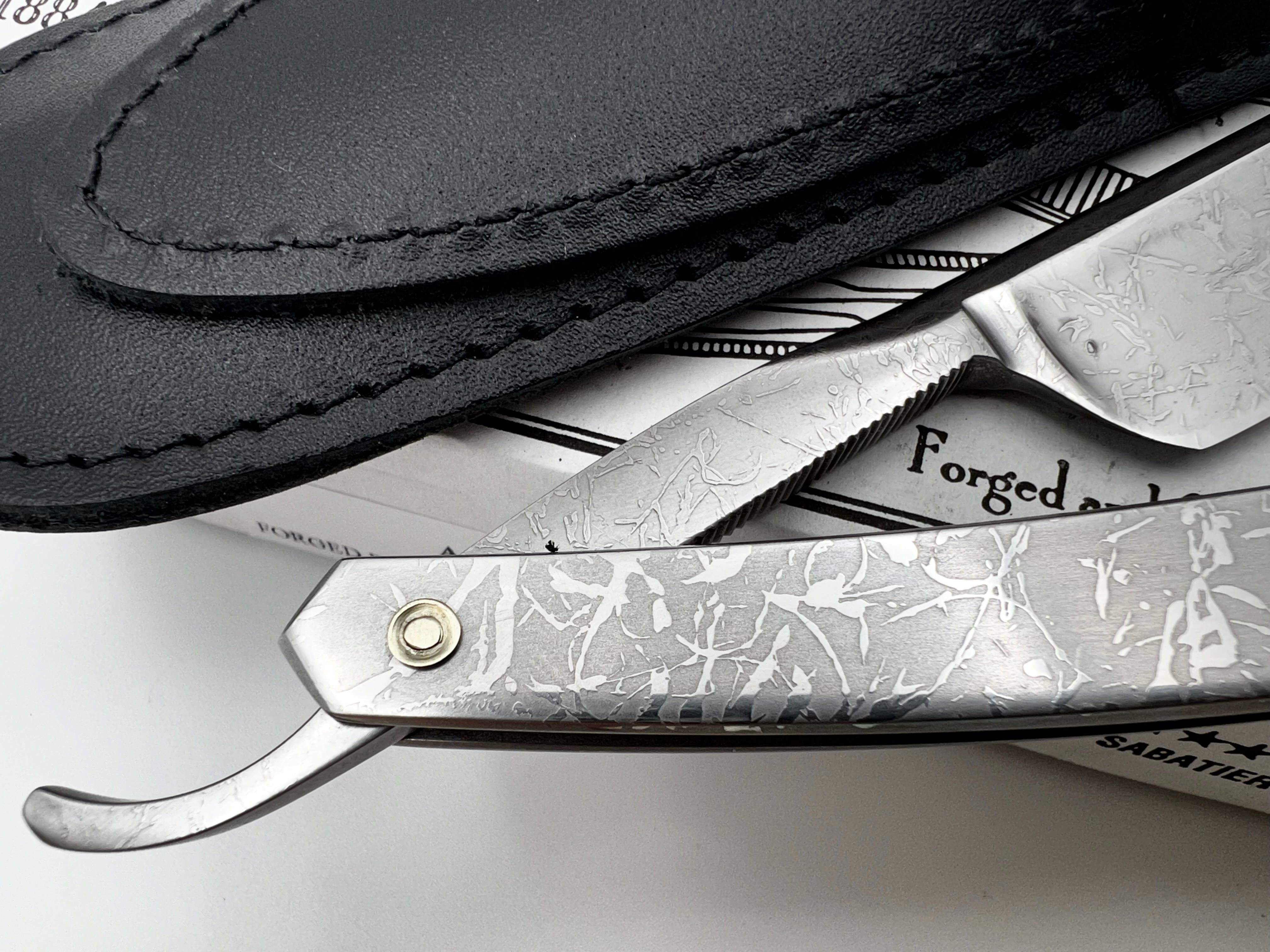 Thiers Issard 6/8 All-Over Etched Cloud Design - Half Hollow Ground Straight Razor with Stainless Steel Scales