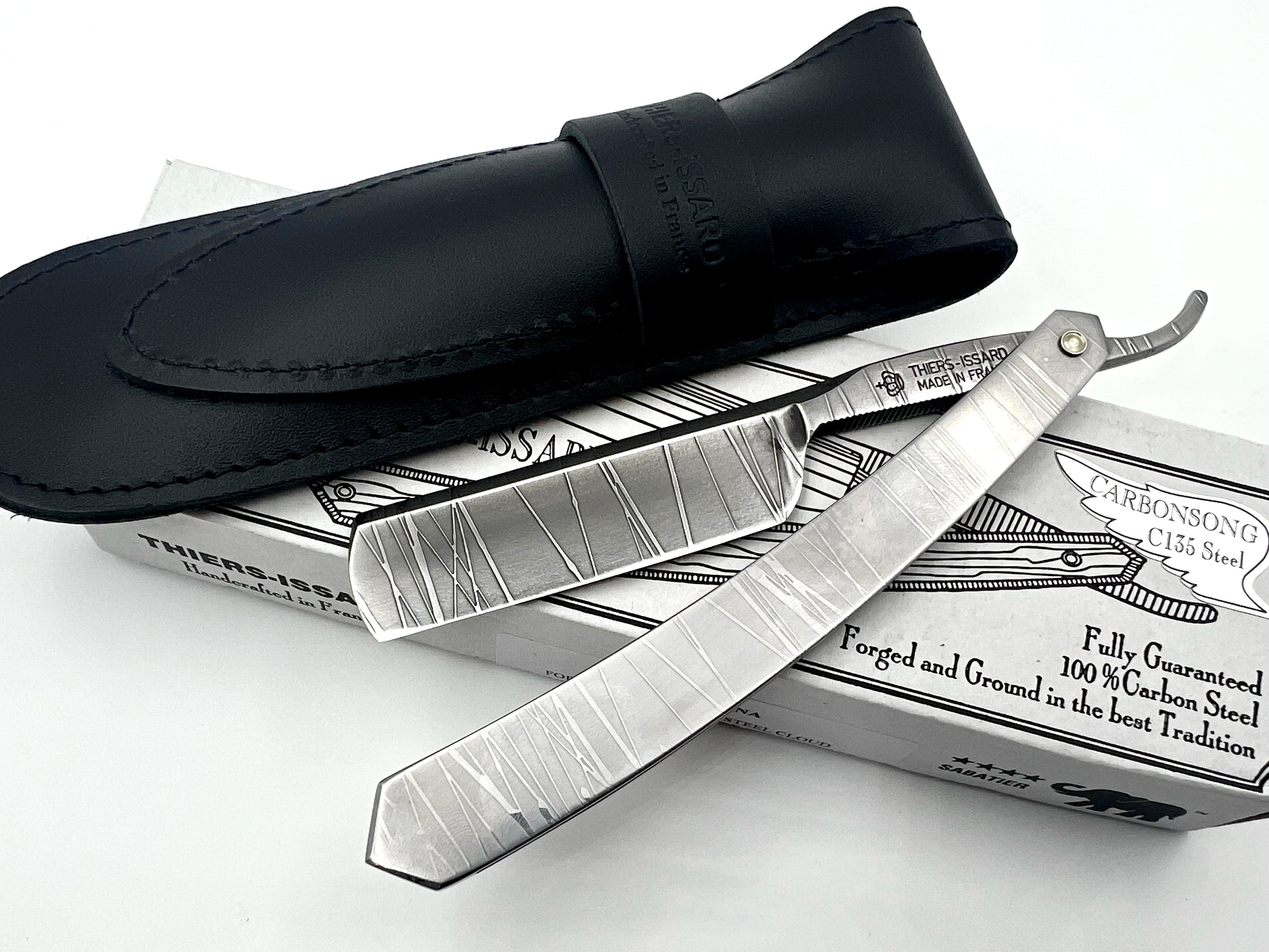 Thiers Issard 6/8 All-Over Etched Twig Design - Half Hollow Ground Straight Razor with Stainless Steel Scales