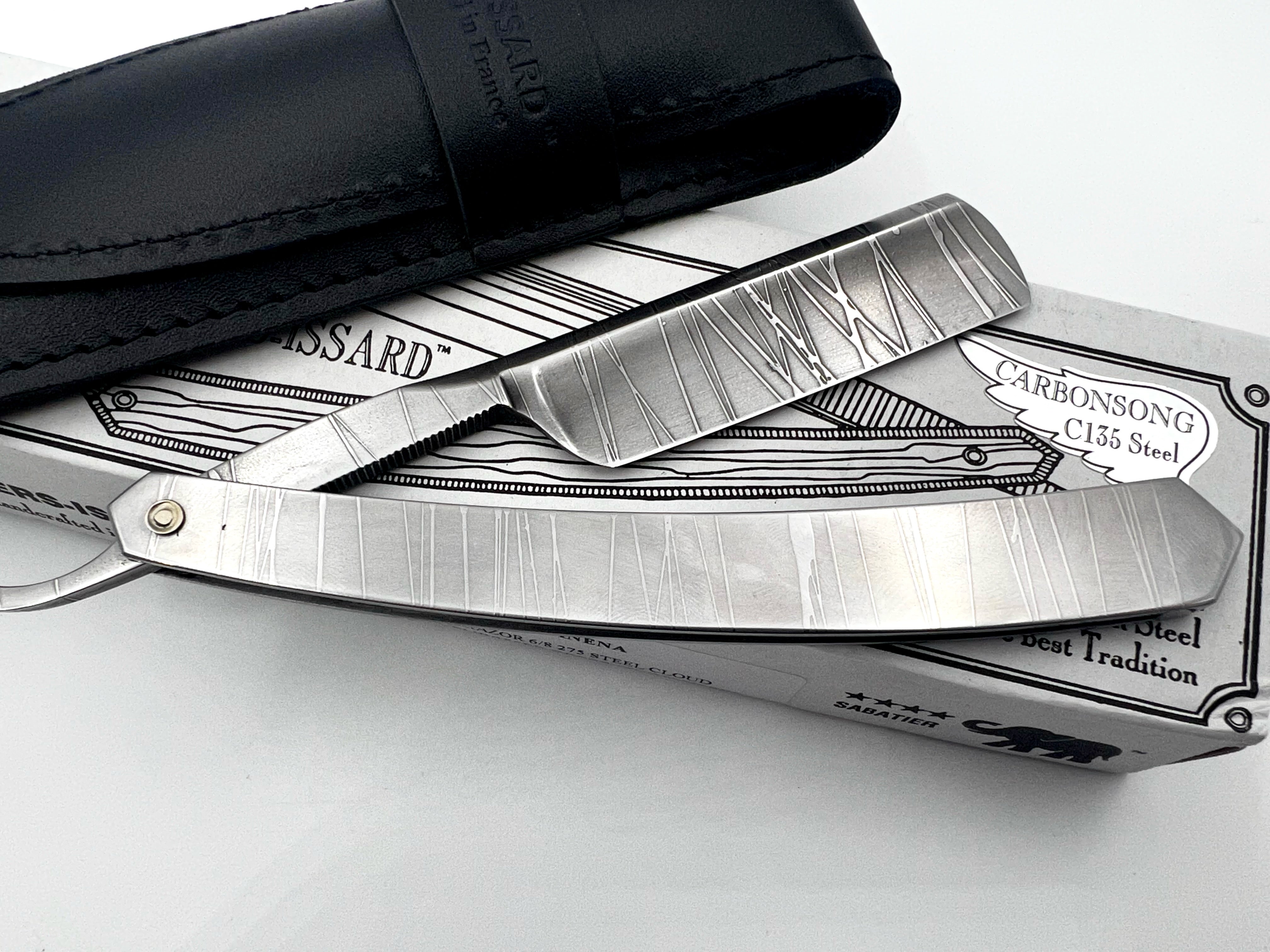 Thiers Issard 6/8 All-Over Etched Twig Design - Half Hollow Ground Straight Razor with Stainless Steel Scales