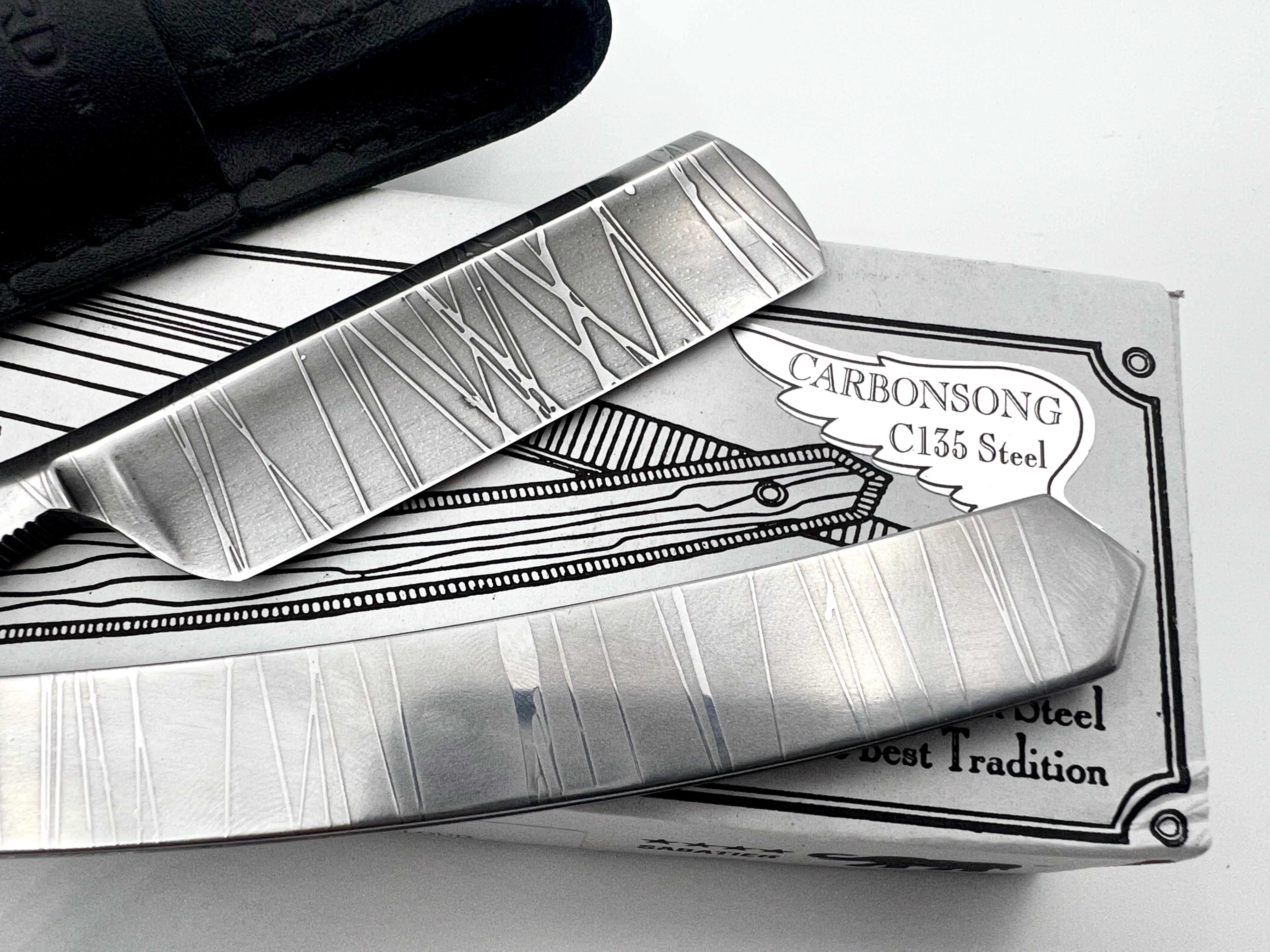 Thiers Issard 6/8 All-Over Etched Twig Design - Half Hollow Ground Straight Razor with Stainless Steel Scales