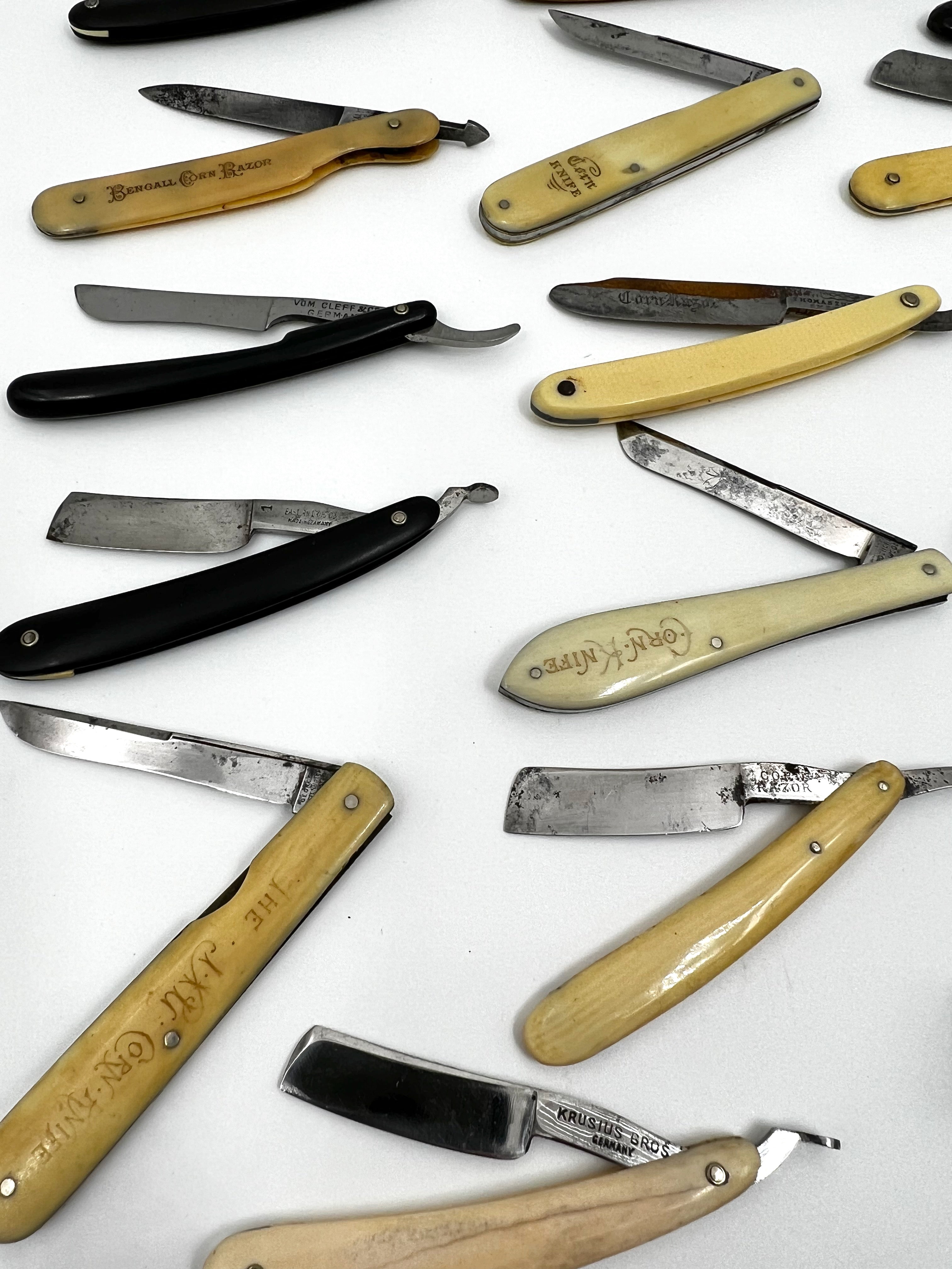 Collection of 25 Excellent Various Corn Razors - English, German, Ivory and Mother of Pearl included