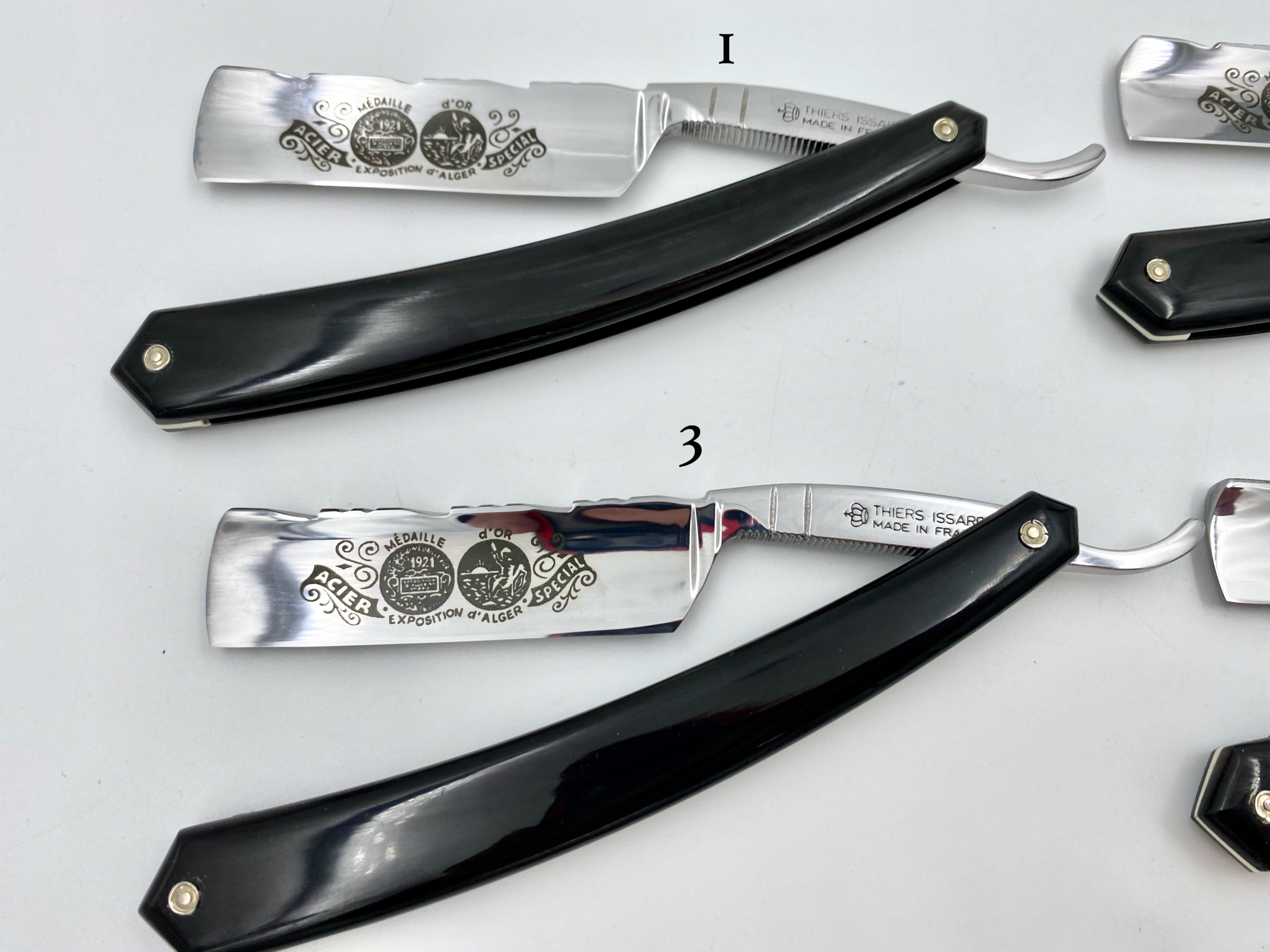 Thiers Issard 6/8 "Medaille d'or Alger" Etch & "Chevron" Filed Spine - Black Horn Scales - Singing Straight Razor