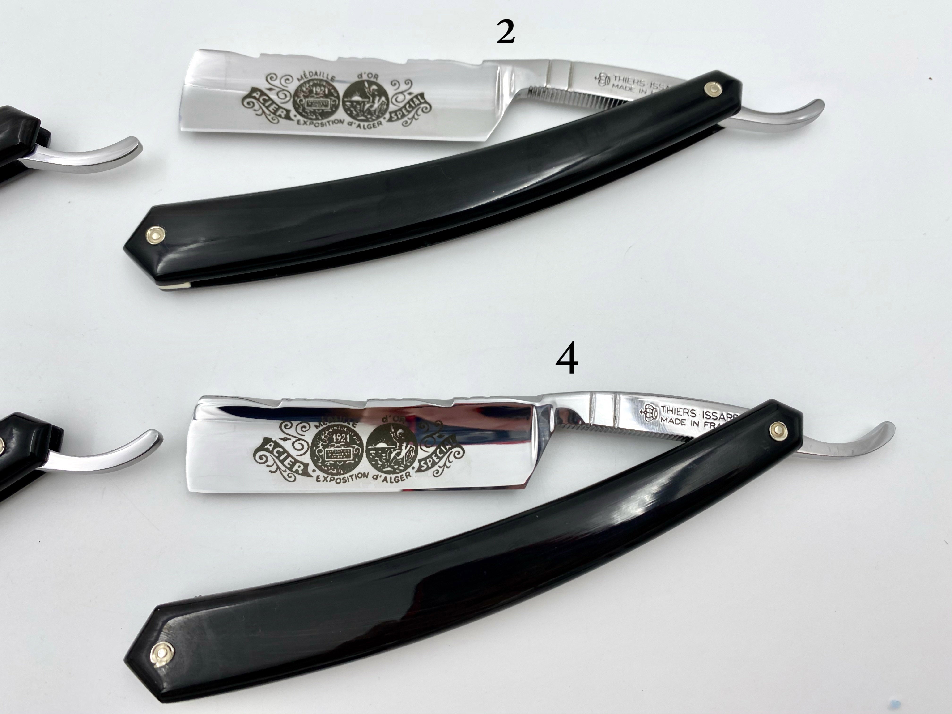 Thiers Issard 6/8 "Medaille d'or Alger" Etch & "Chevron" Filed Spine - Black Horn Scales - Singing Straight Razor