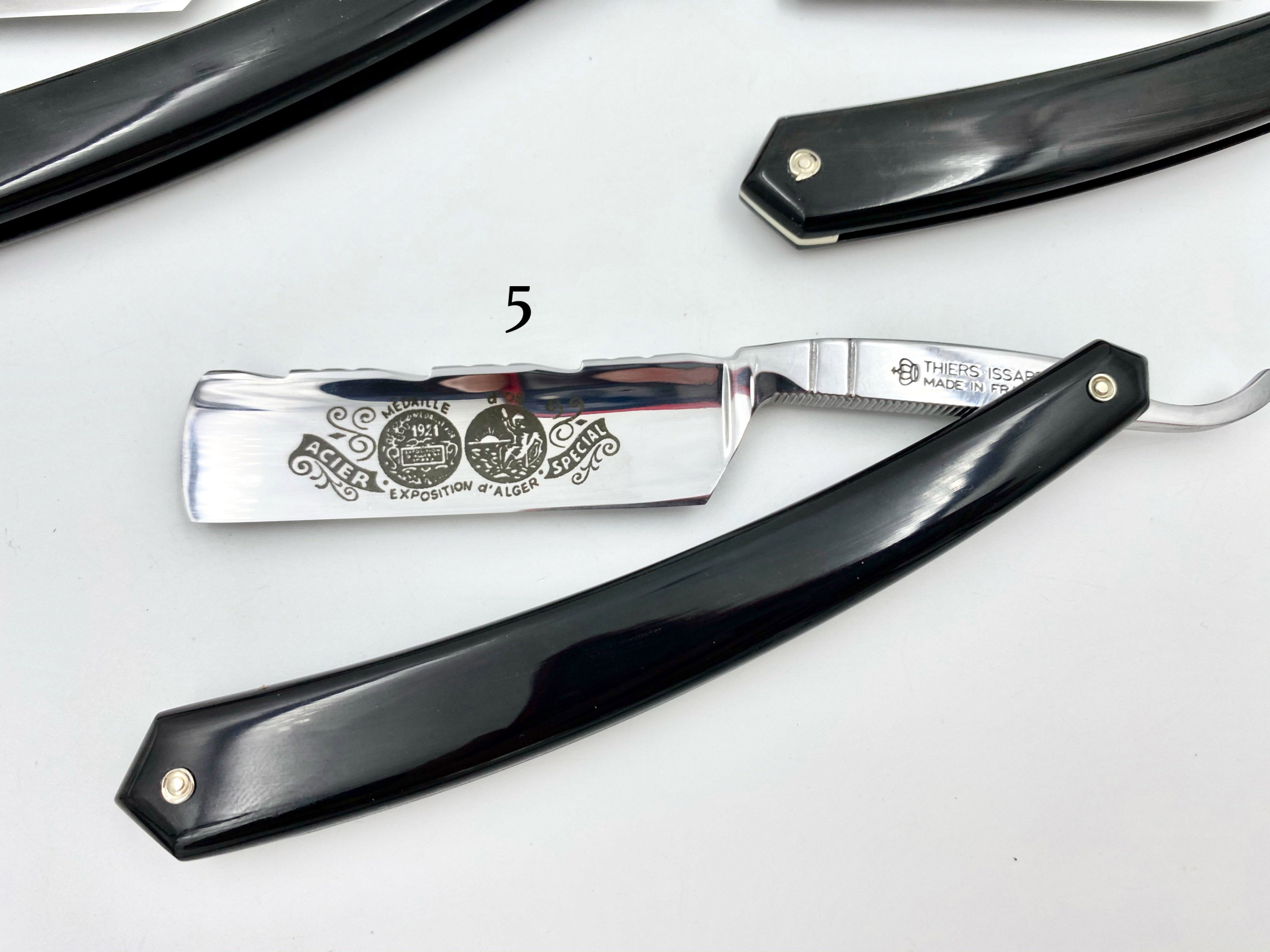 Thiers Issard 6/8 "Medaille d'or Alger" Etch & "Chevron" Filed Spine - Black Horn Scales - Singing Straight Razor