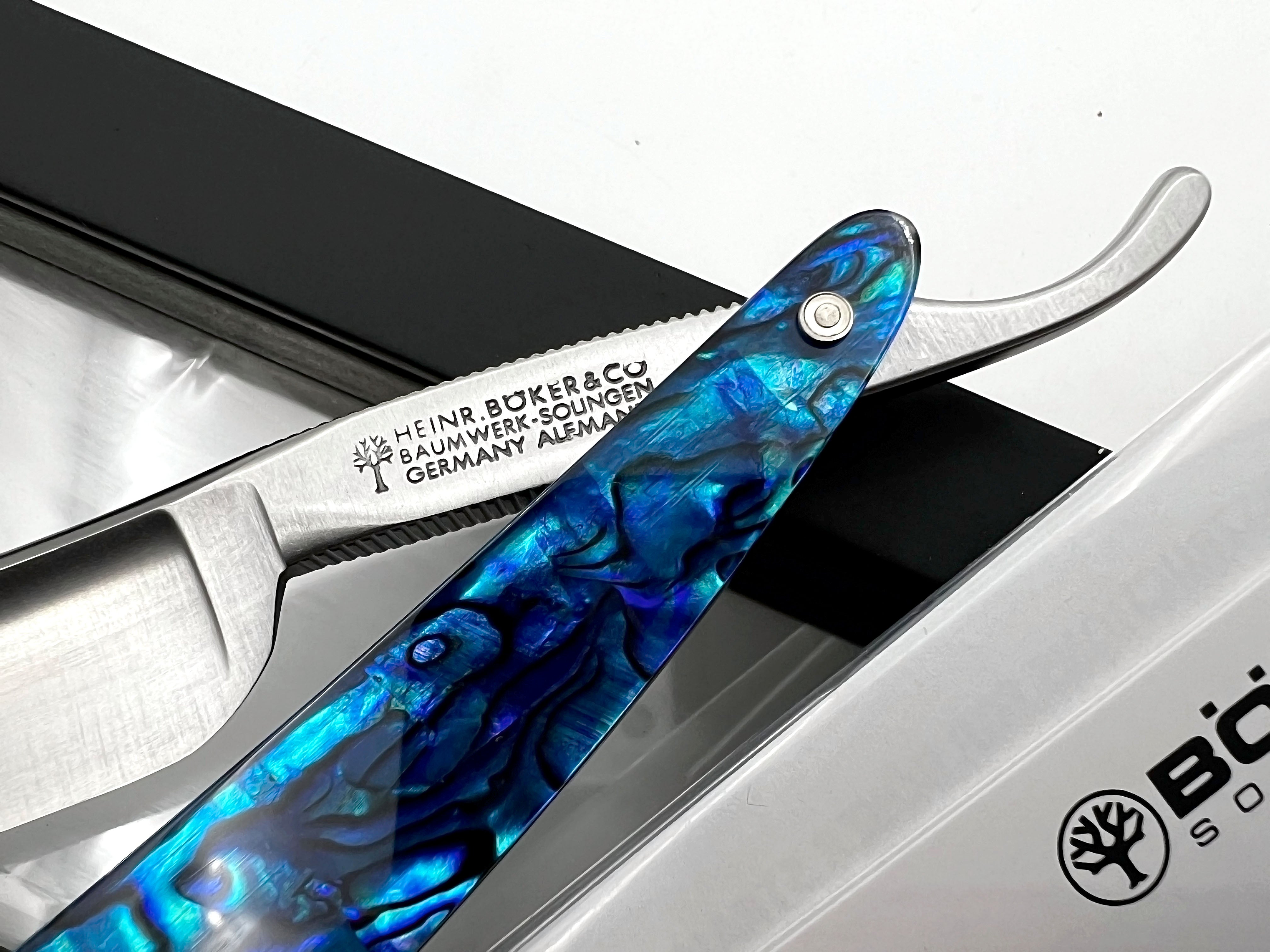 Boker Paua 5/8 Blue Shell Scales Full Hollow Solingen Straight Razor