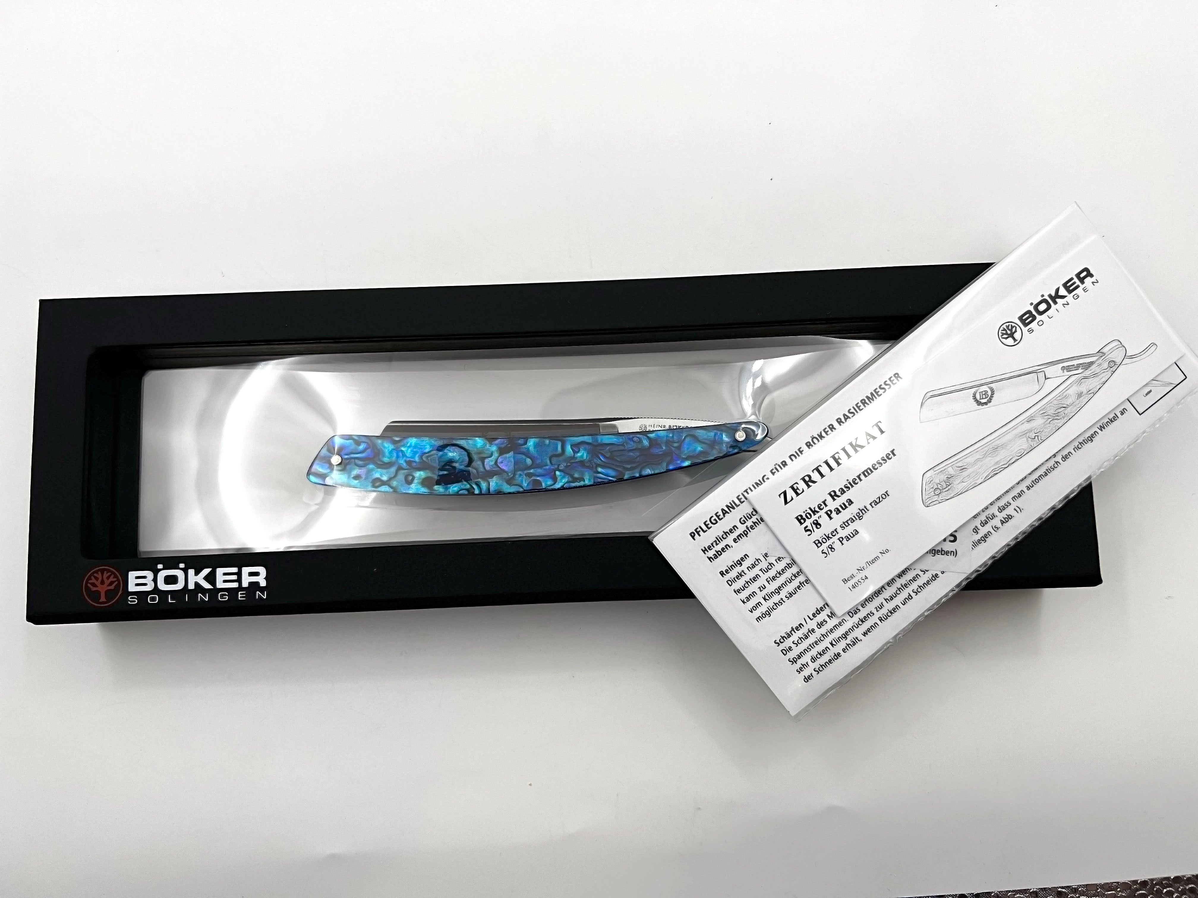 Boker Paua 5/8 Blue Shell Scales Full Hollow Solingen Straight Razor