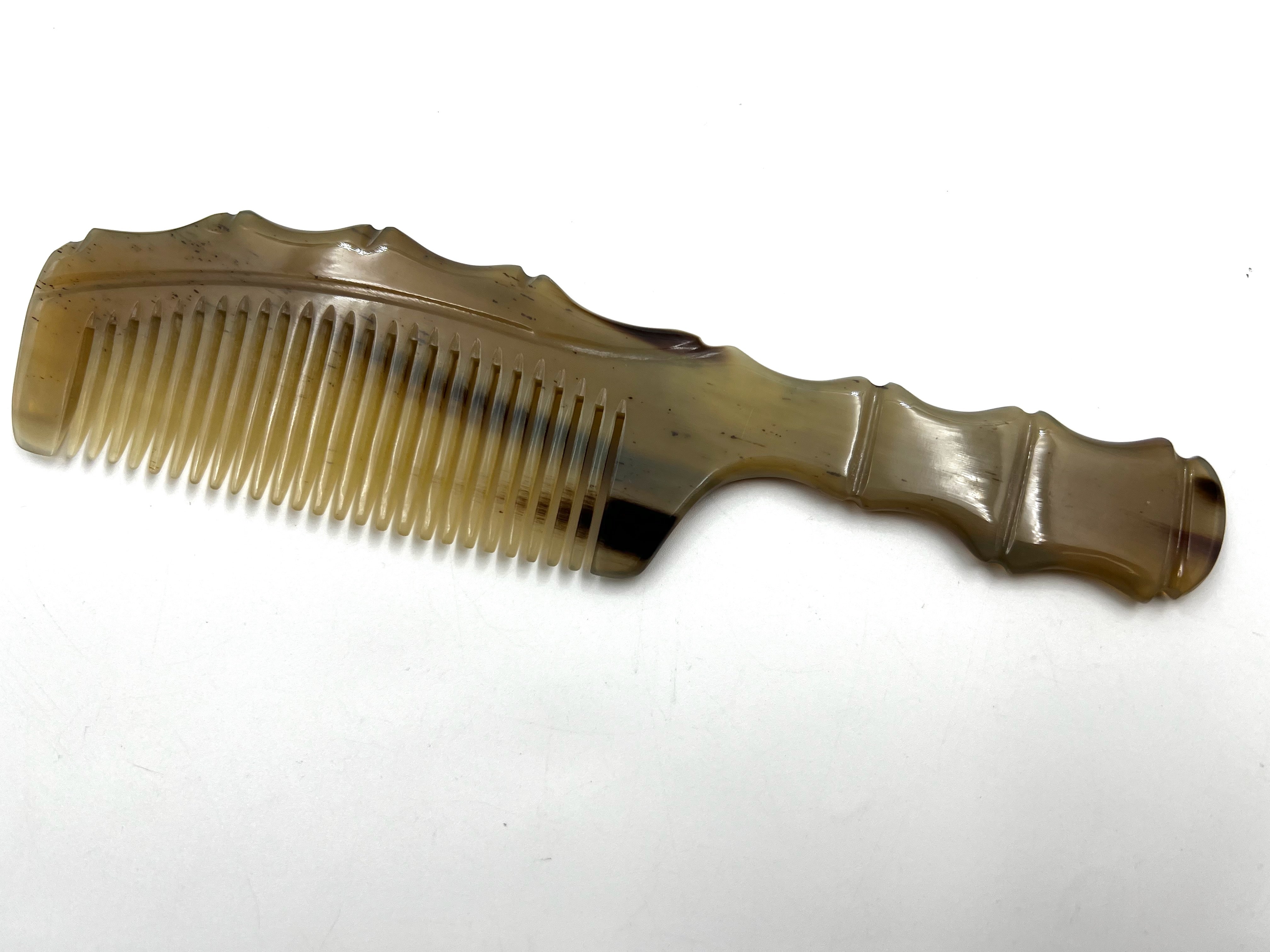 Traditional Carved Horn Comb - 8 inch Handled Bamboo Design