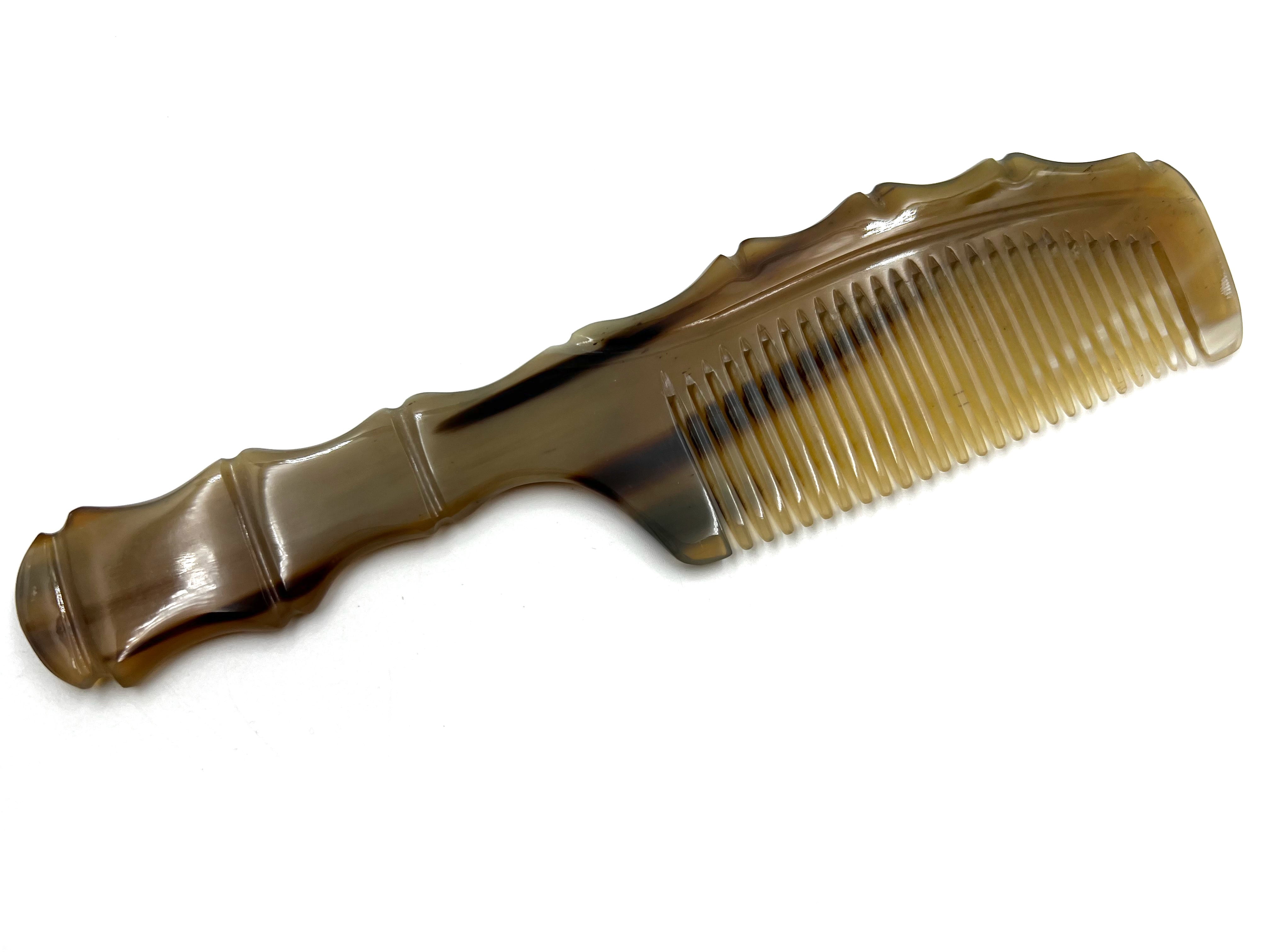 Traditional Carved Horn Comb - 8 inch Handled Bamboo Design