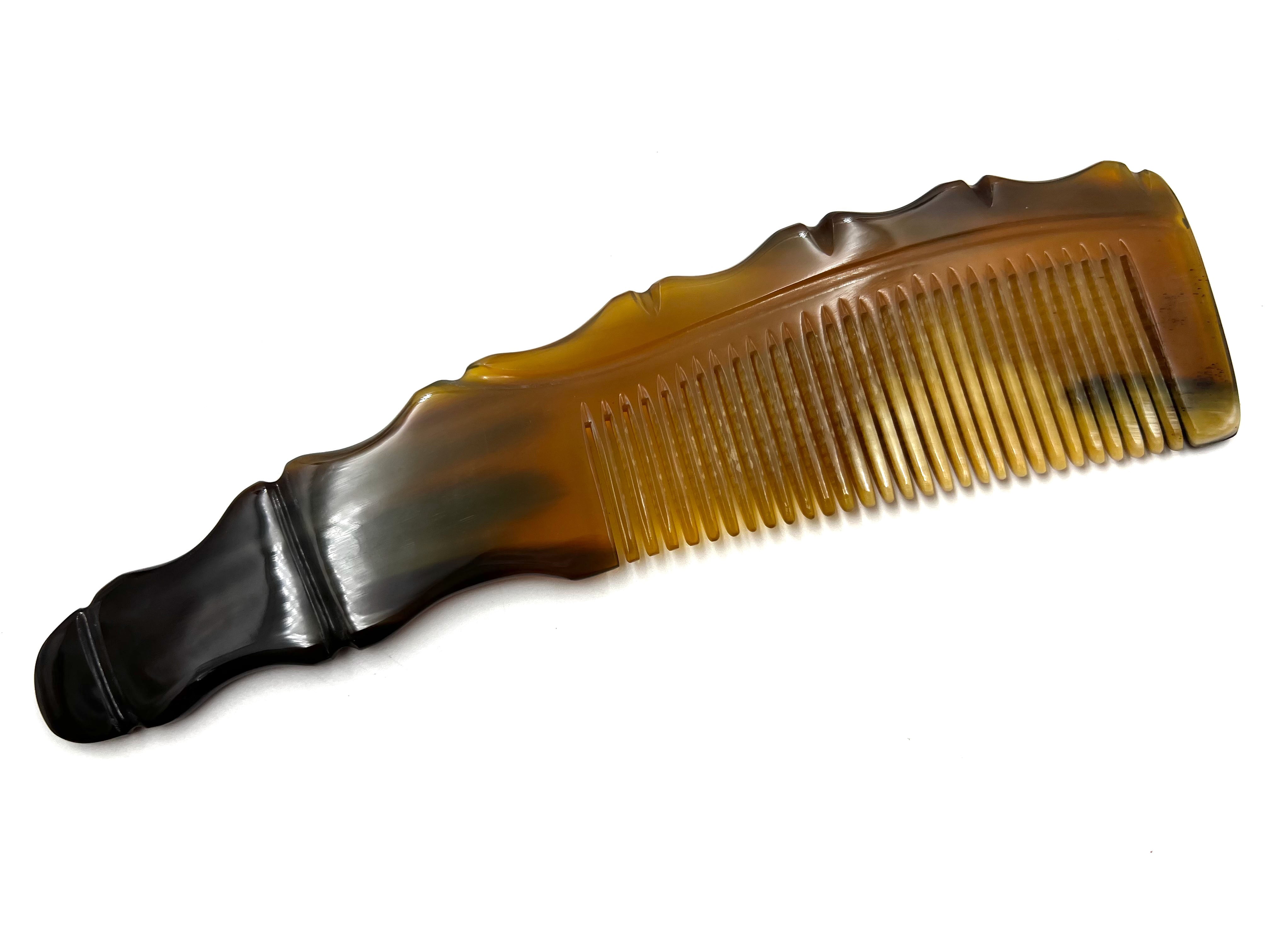 Traditional Carved Horn Comb - 8 inch Curved Bamboo Design