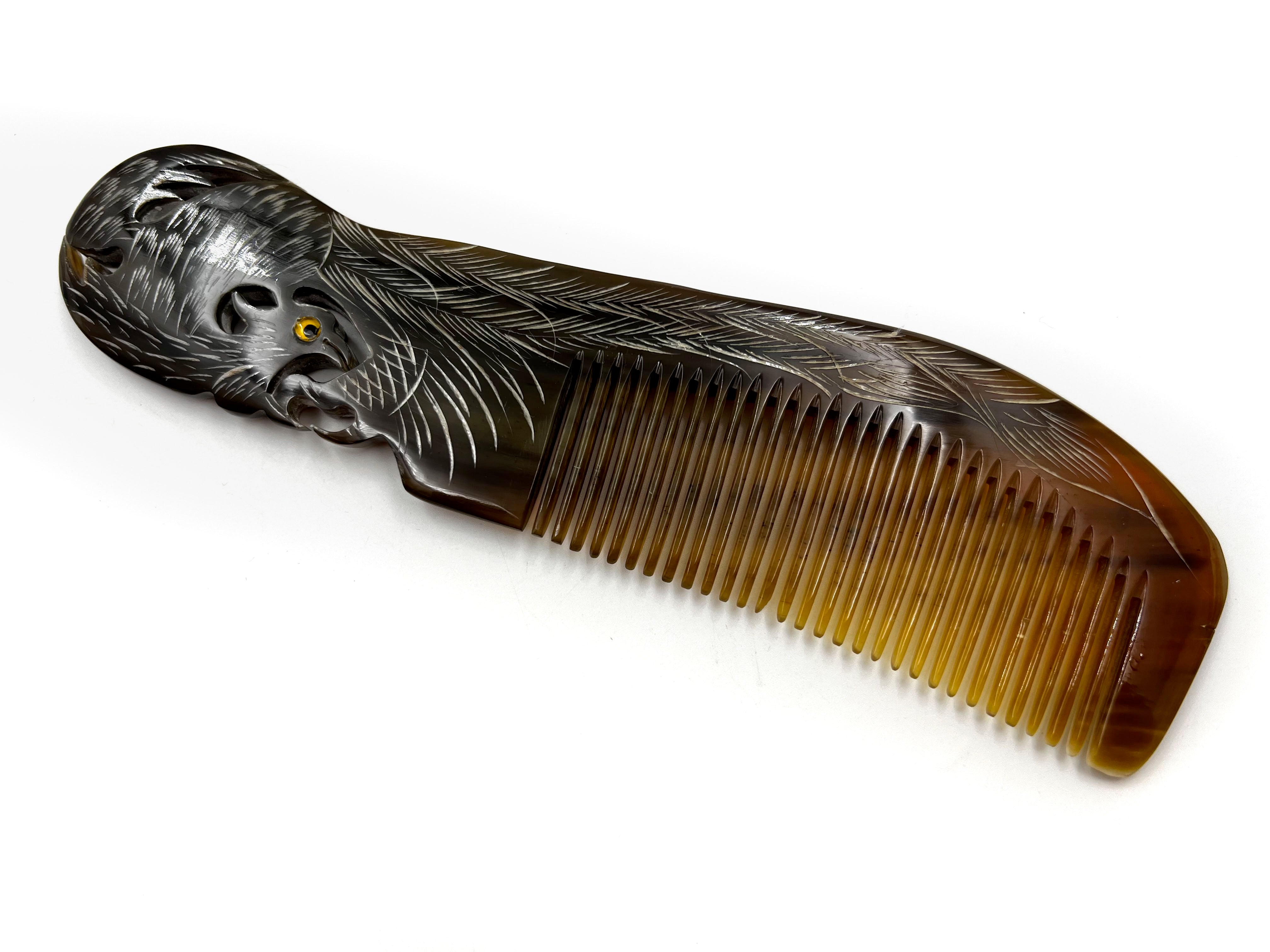 Traditional Carved Horn Comb - 8 inch Phoenix Design