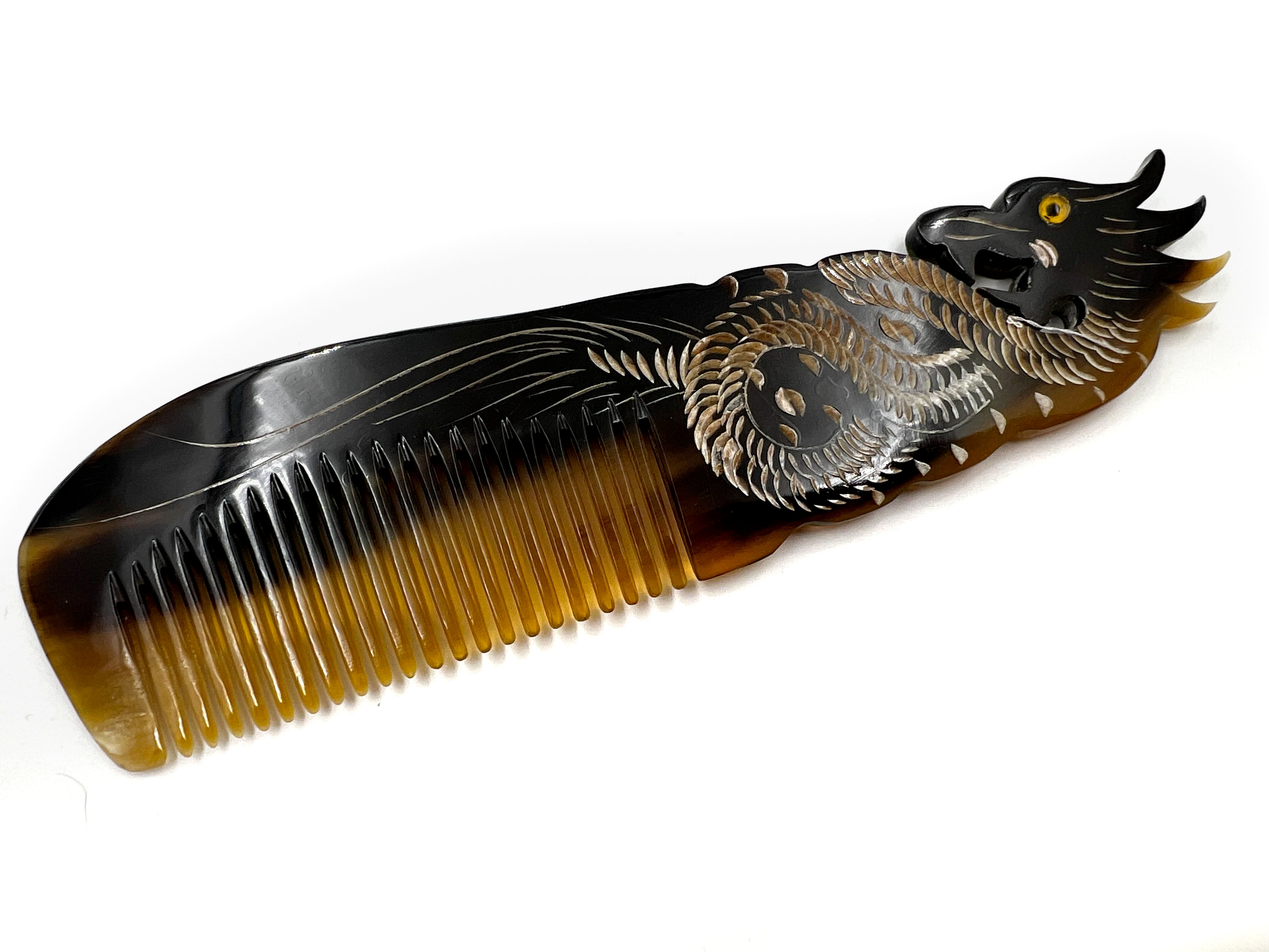 Traditional Carved Horn Comb - 8 inch Dragon Design