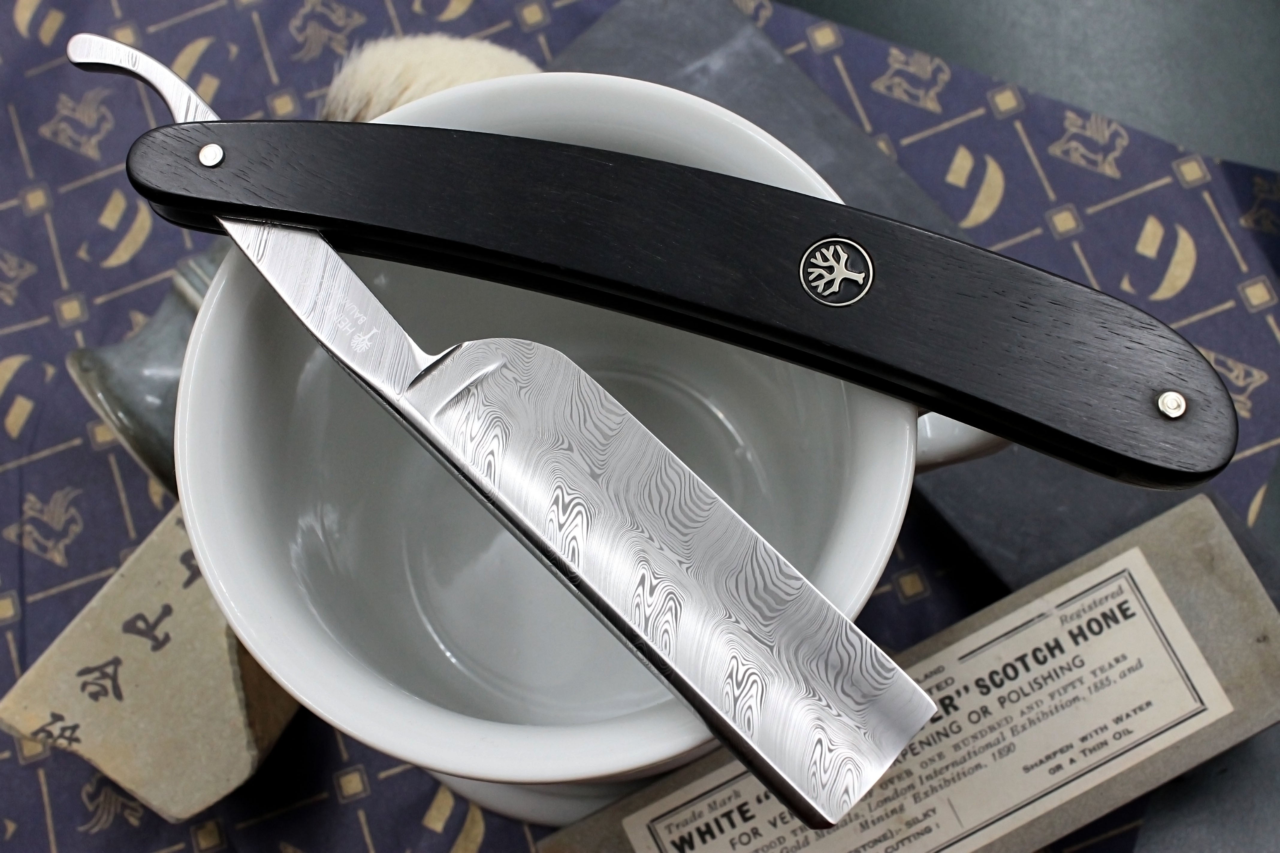 Boker Damascus 6/8 Full Hollow Blade with Ebony Scales - Preowned Solingen Straight Razor - Shave Ready